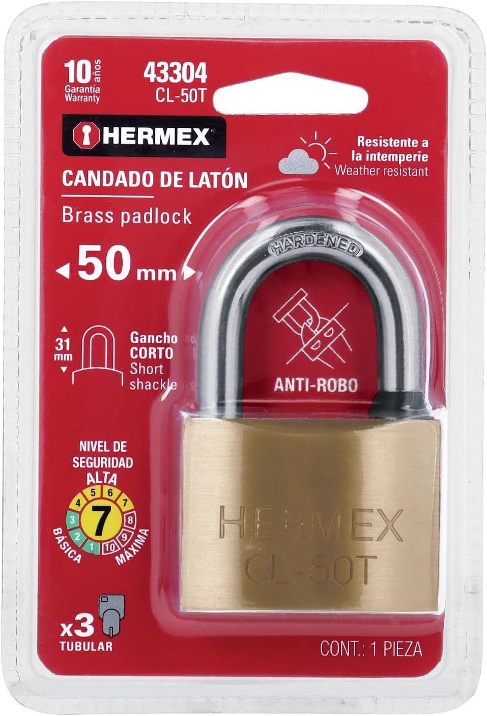 Brass padlock, 50mm, short hook, socket wrench, blister