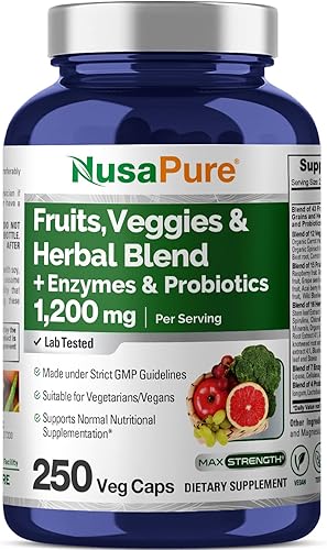 NusaPure Suplemento de frutas y verduras 1200 mg 250 cápsulas - 43 frutas y verduras, 11 enzimas, probióticos (veganos/vegetarianos, sin OMG)