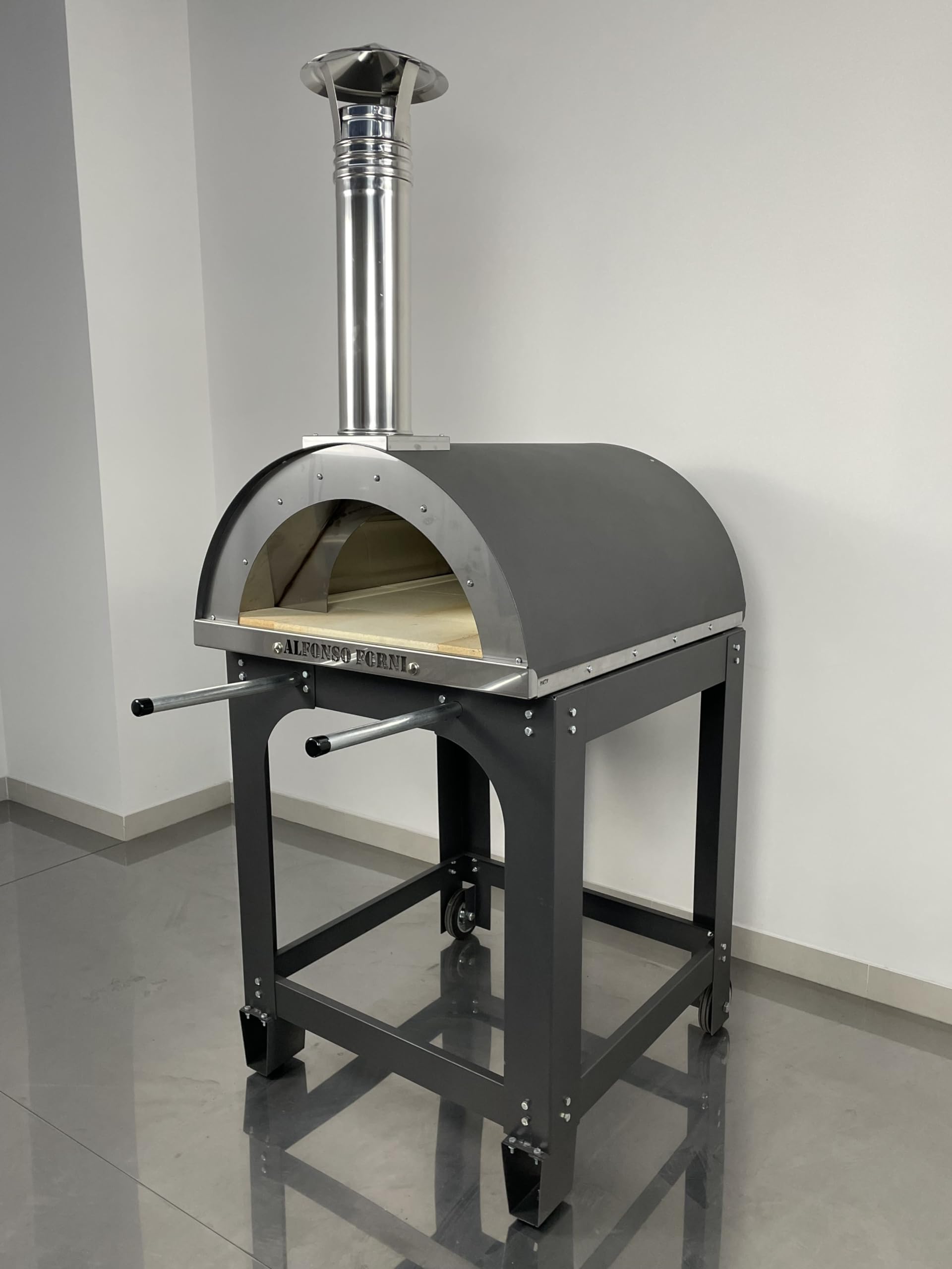 Forno a legna da esterno Alfonso 4 pizze con carrello, mattoni refrattari 3 cm, pirometro 500°C, acciaio inox - Made in Italy