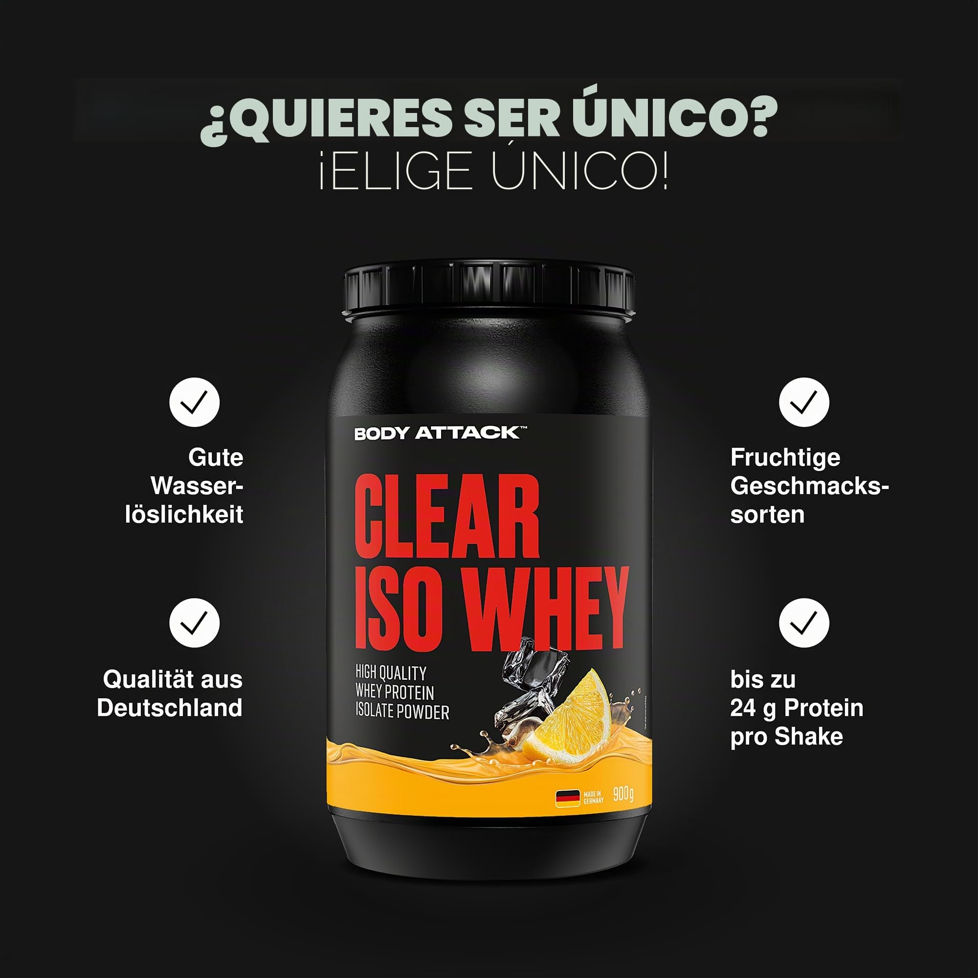 Body Attack Clear Iso Whey – Blackberry, 900 g, fabricado en Alemania, aislado de proteína de suero de suero de leche, 24 g de proteína y 11.400 mg de EAA por batido de suero iso, sin azúcar ni grasa