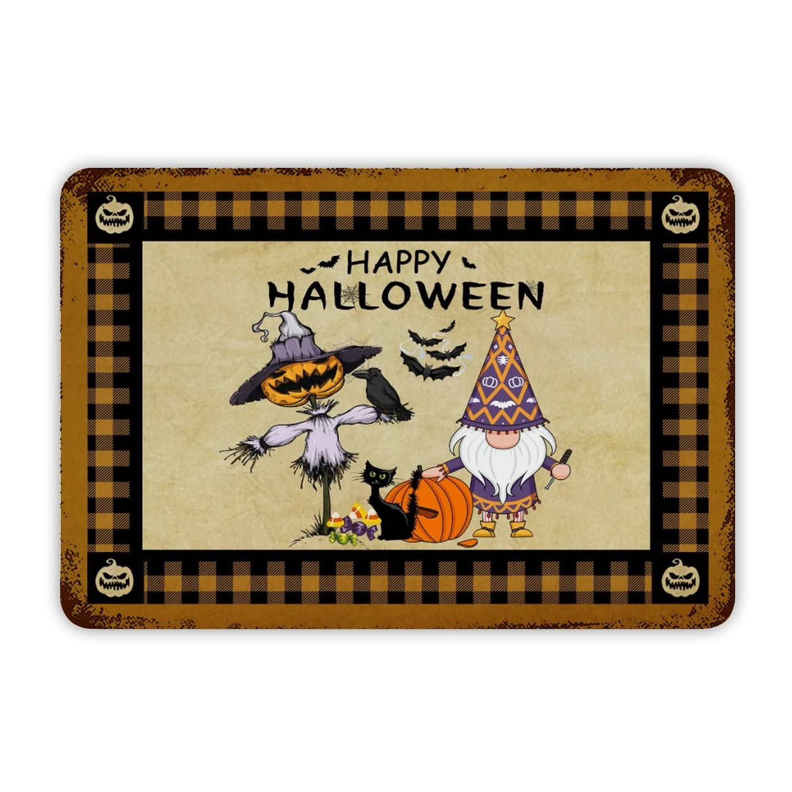 ENEDNATE Farmhouse Rustic Aluminum Sign Happy Halloween Gnome Black Cat Bat Spider Ghost Pumpkin Metal Sign Retro Aluminum Tin Sign for Kitchen Bedroom Living Room Wall Art Door Home Decor Sign 8x12