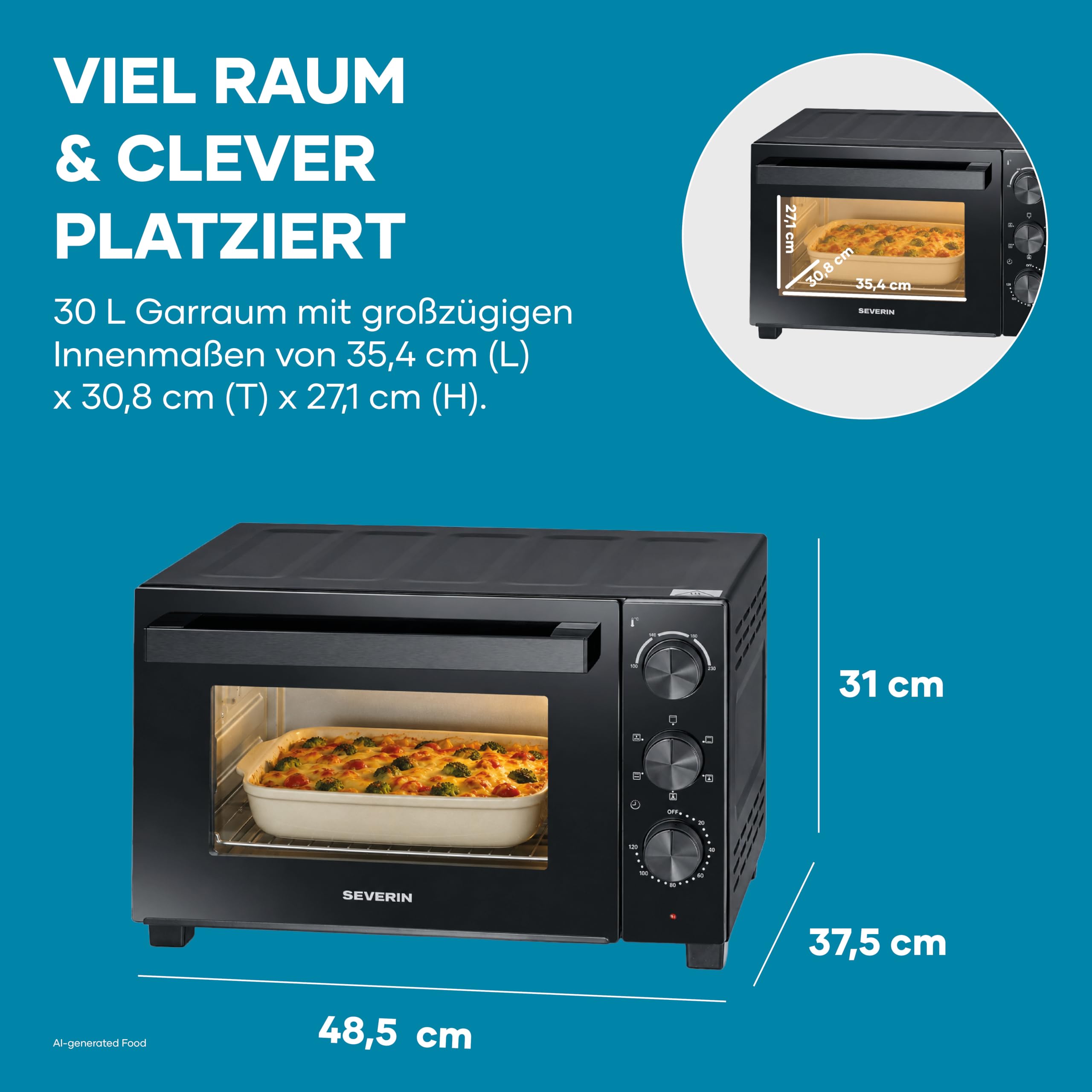 Severin Back- und Toastofen mit Umluftfunktion, inkl. Drehspieß für Fleisch, vielseitiger Heißluftofen mit 30 L Kapazität, Aufbackofen, 100-230 °C, Timer 120 Min., 1600 W, schwarz, TO 9020