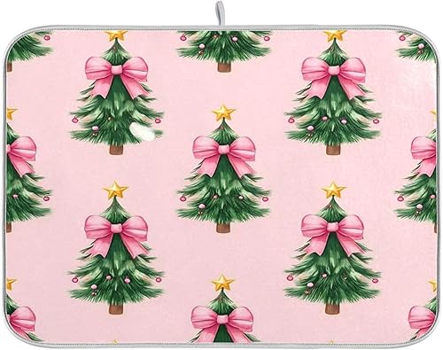 Caikeny Dish Drying Mat for Kitchen Watercoolr Xmas Tress Bow Star 18X24 Inch Di