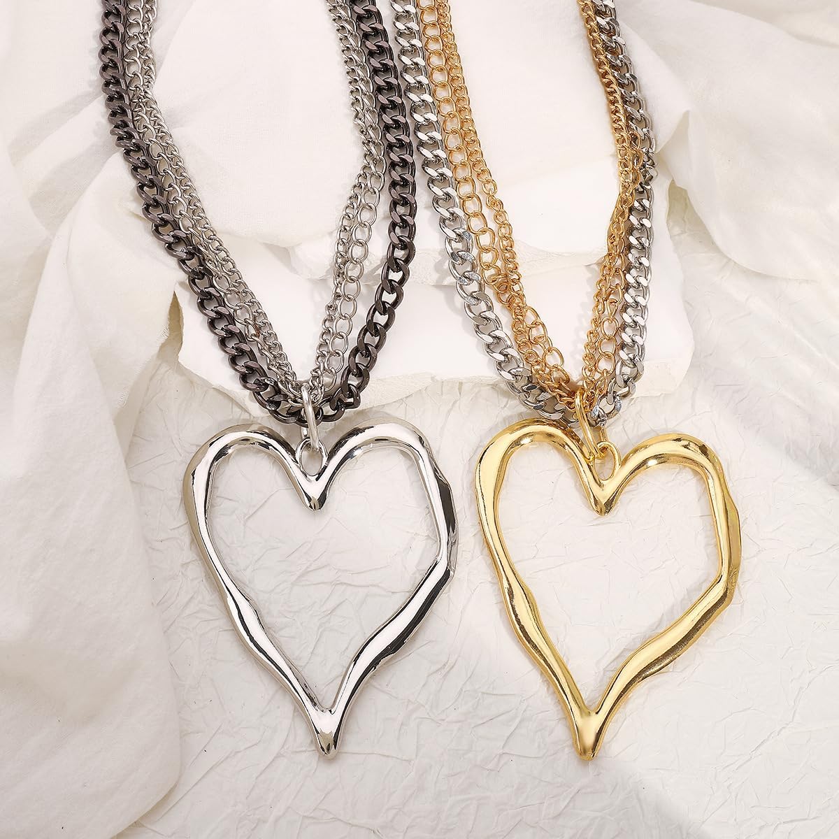 Y2K Large Heart Necklace for Women, Oversized Hollow Big Heart Pendant Chunky Gold Silver Chain Layered Choker, Trendy Statement Jewelry Gifts - Image 6