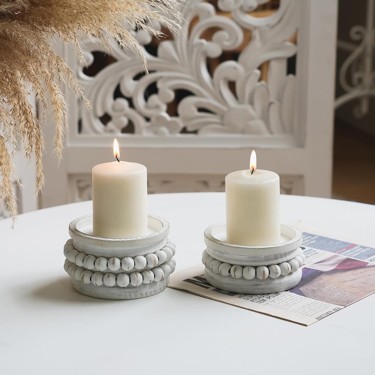NIKKY HOME Farmhouse Beaded Wooden Candle Holders Set of 2, Rusitc Solid Wood Pillar Candlesticks Pedestal, Fireplace Mantle Table Centerpiece Decor, Distressed White
