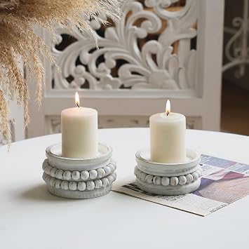 NIKKY HOME Farmhouse Beaded Wood Pillar Candle Holders Set of 2, White | Rustic Solid Wooden Candle Stands, Whitewash Decorative Pillar Base for Mantels, Fireplaces, Centerpieces Tables, Weddings