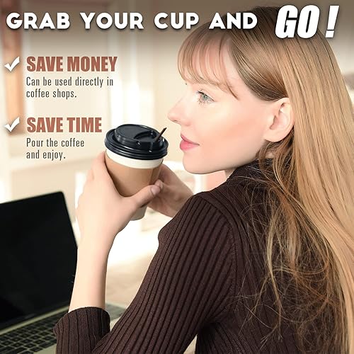 Miniatura 2 de Paquete de 100 tazas de café desechables de 12 onzas para llevar con tapas, fundas y pajitas, 100% biodegradables y compostables, tazas de café de