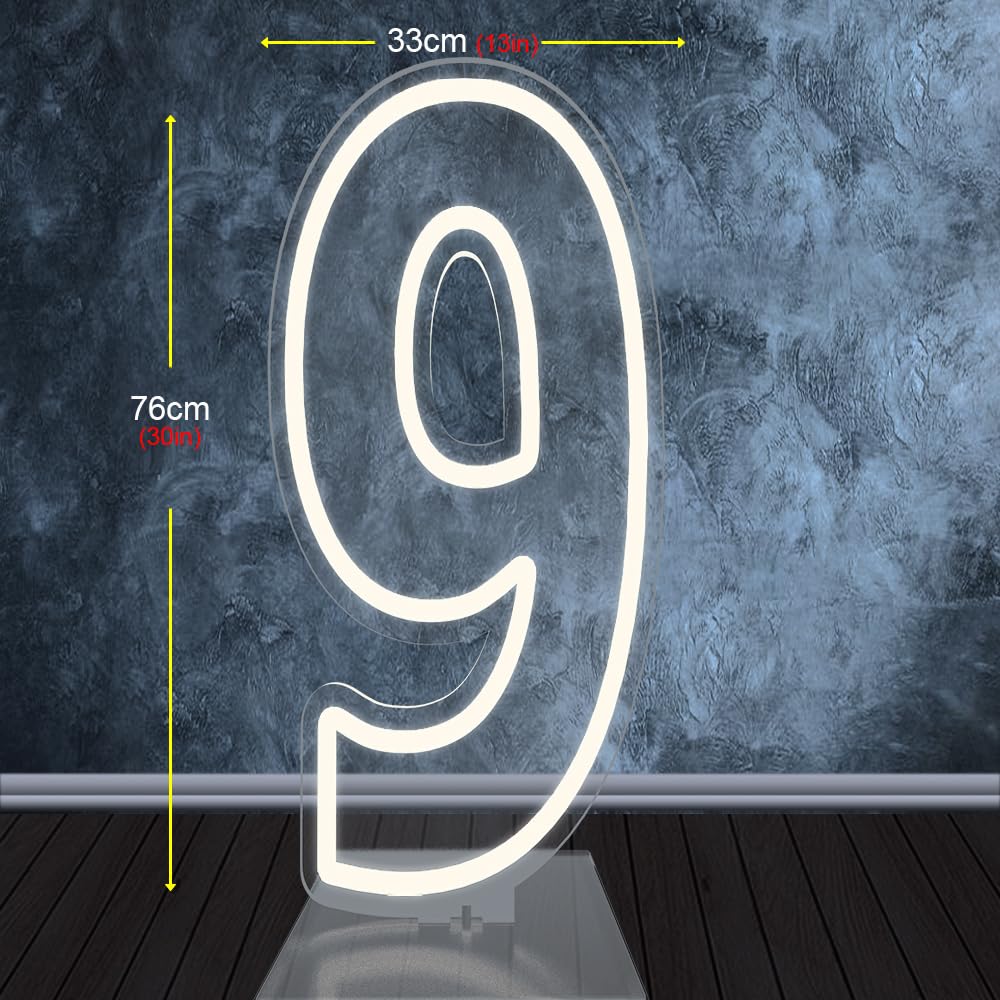 DS&DV Insegna luminosa con numeri al neon a LED, dimmerabile, con base autoportante, per decorazione per feste (bianco freddo, numero 9)