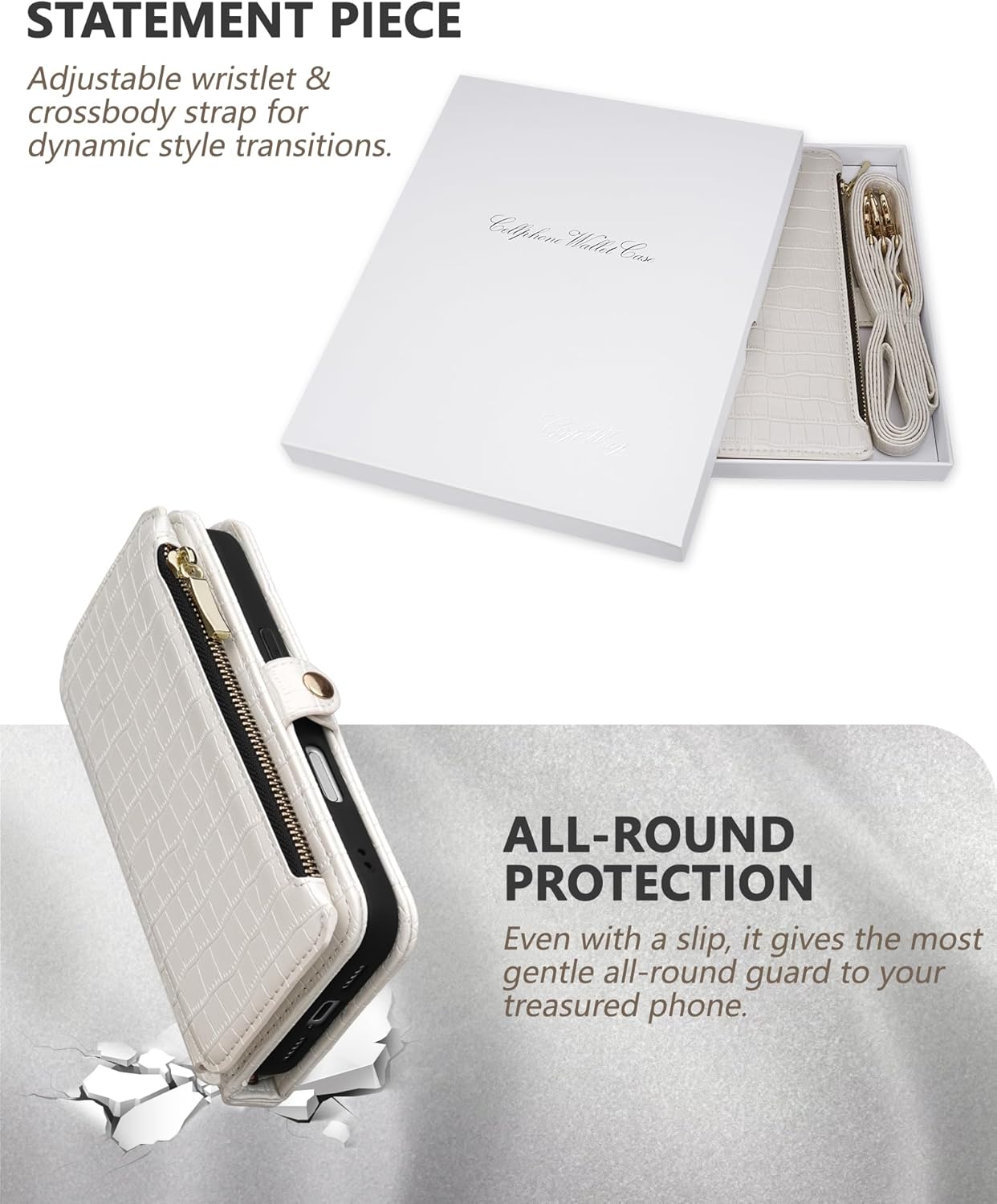 Crossbody Wallet Case for iPhone 17 Pro with Mirror, Wrist Strap, Zipper Purse Magnetic Flip, RFID Blocking Card Holder, Wireless Charging, PU Leather Shockproof 6.3" Women (White) - Image 6