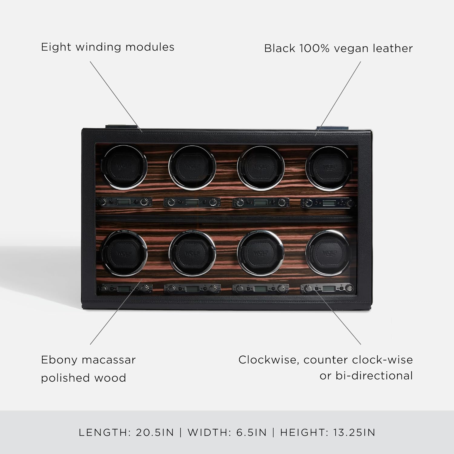 Wolf Roadster Watch Winder with Glass Cover, Black - Secure Fit with Patented Lock-in Dynamic Cuff - Accommodates All Wrist Sizes - Vegan Leather - Includes Universal Adapter