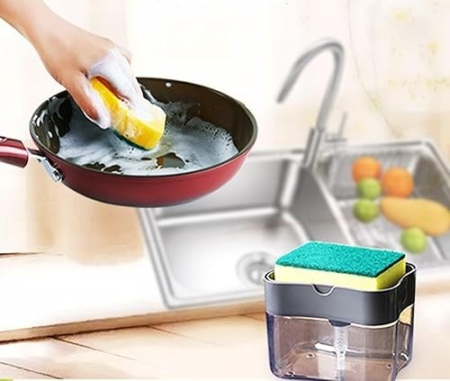 Miniatura 2 de Dispensador de jabón para platos de cocina y soporte de esponja. Dispensador de jabón para lavar platos con un empuje suave de 13 onzas (esponja