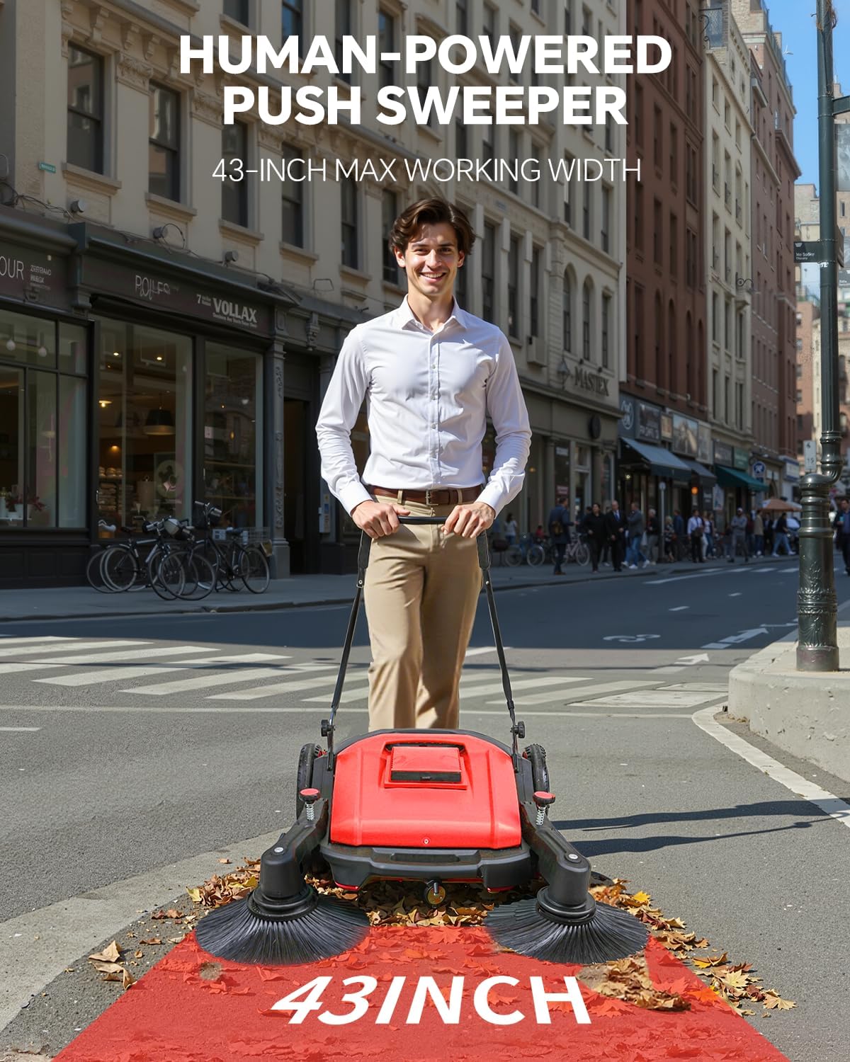 41" Walk-Behind Hand Push Floor Sweeper, 15 Gal Large Capacity, Folding Handle, 46000 SqFt/Hour Indoor & Outdoor Use, Ideal for Large Area Cleaning in Stores Farms Warehouses Stable