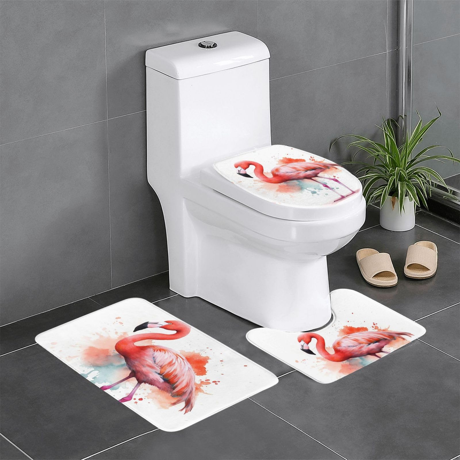 Tapis de bain flamant rose 3 pièces avec contour de toilette et housse de wc