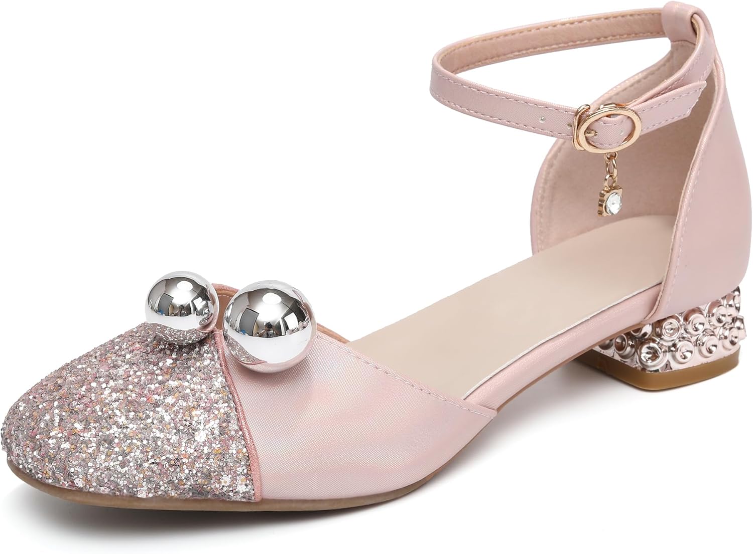 AOQUNFS Girls Dress Shoes Sequin Latin Ballroom Dance Shoes Mary Jane Low Heels Wedding Party Sandals,DS-1868