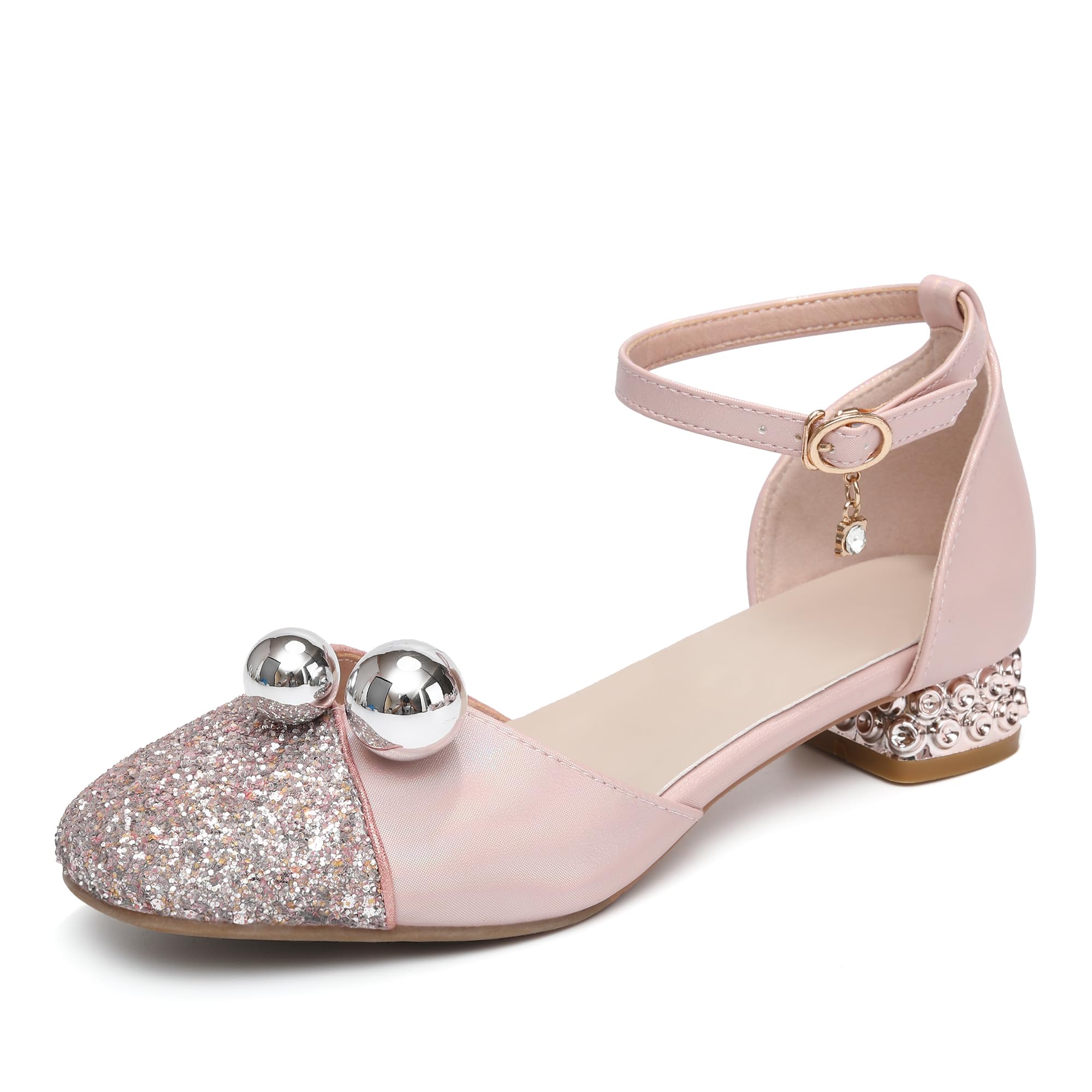 YCALCP Little Kids Girls Dance Shoes Sparkle Dress Pumps Glitter Sequins Princess Low Heels Bows Mary Jane Party Dance Shoes Rhinestone Sandals, DS-1868-Pink-3cm, 13 M