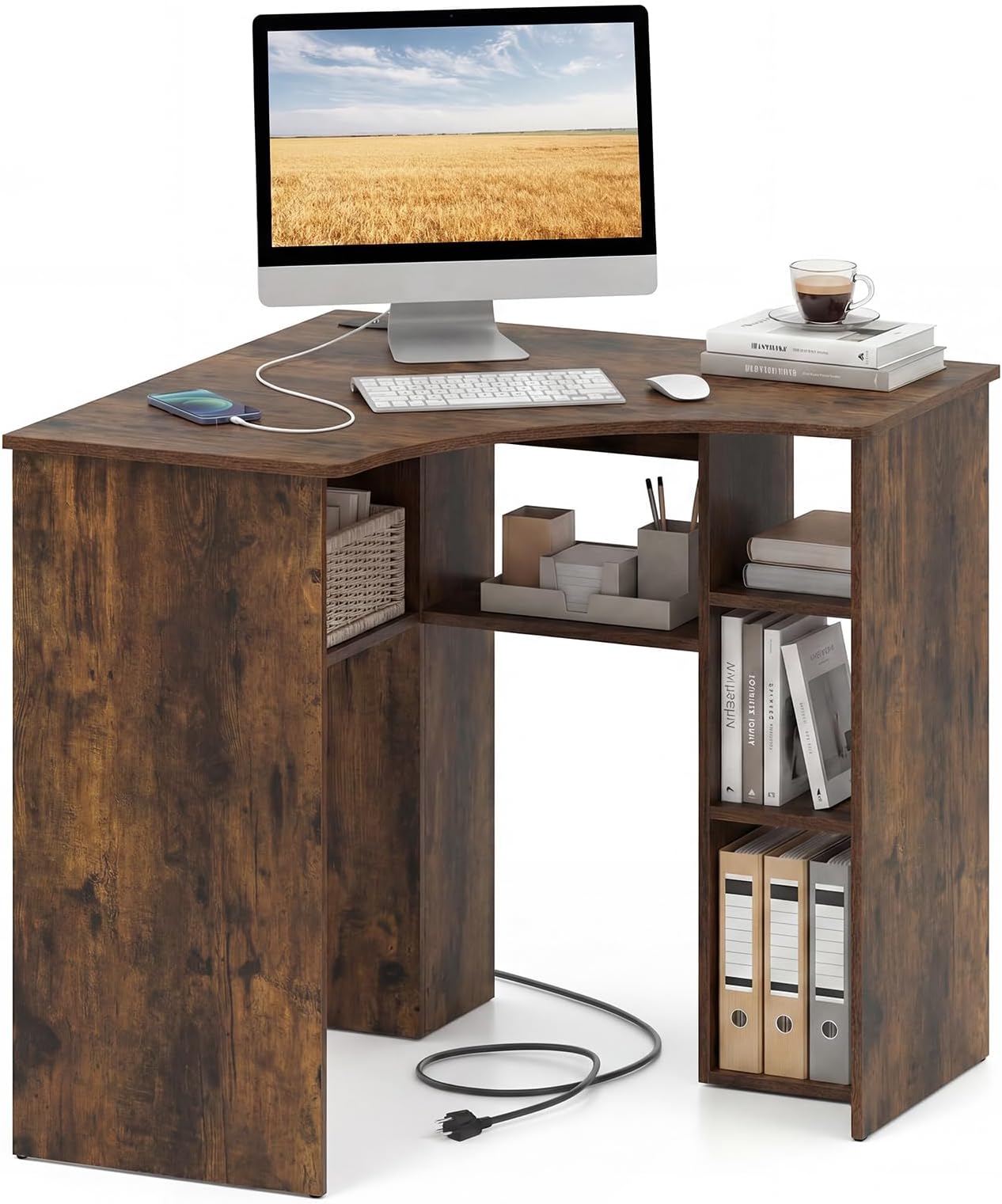 Tangkula Corner Desk with Charging Station, 90-Degree Triangle Computer Desk with Ergonomic Curved Edge & Open Storage Shelves, Writing Study Desk for Small Spaces Home Office