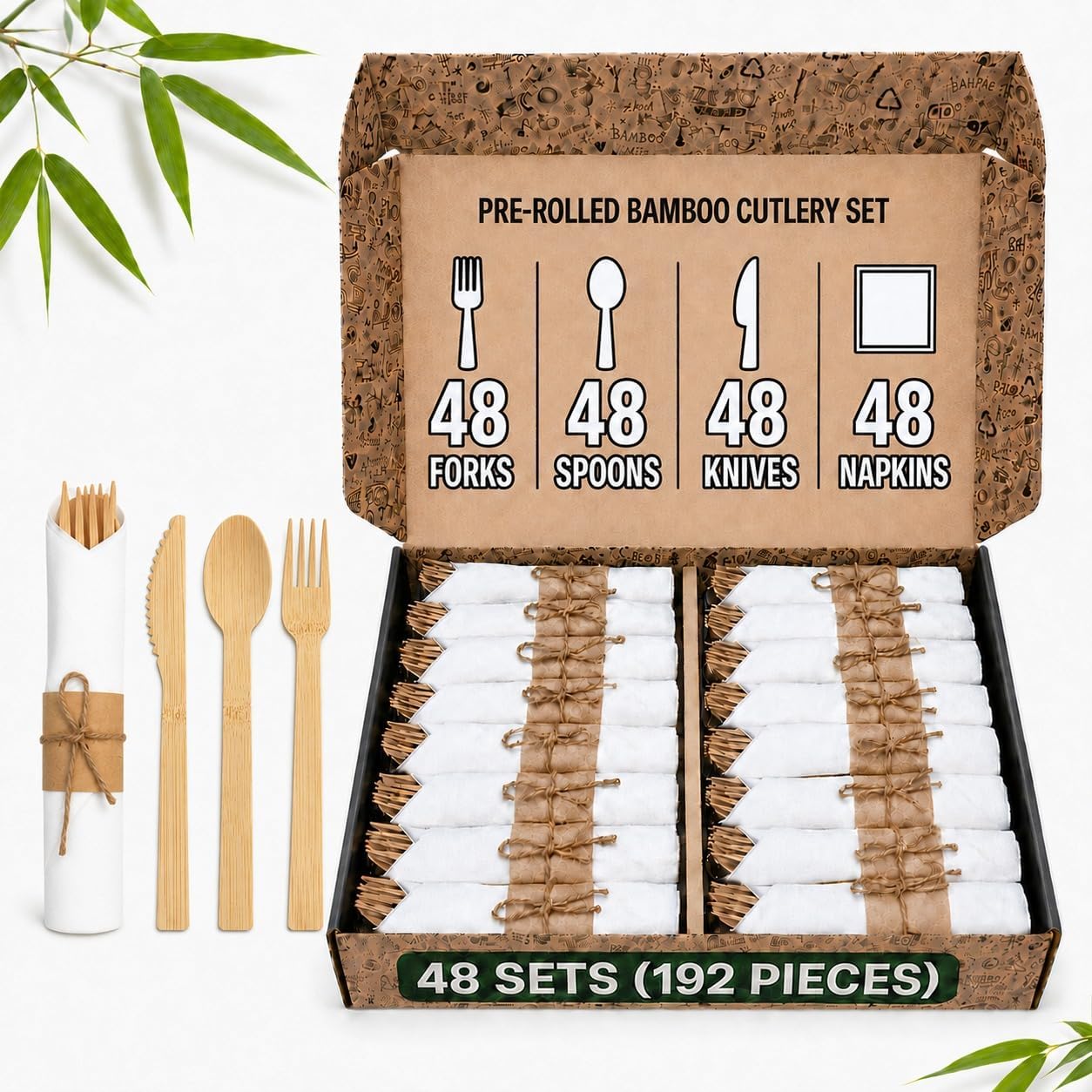 KOELHO'S Pre-Rolled Napkin and Cutlery Set 48-Pack 192 PCS | Bamboo Disposable Utensils 100% Biodegradable and Eco-Friendly | Wood Cutlery Set for Parties, Weddings, and Events