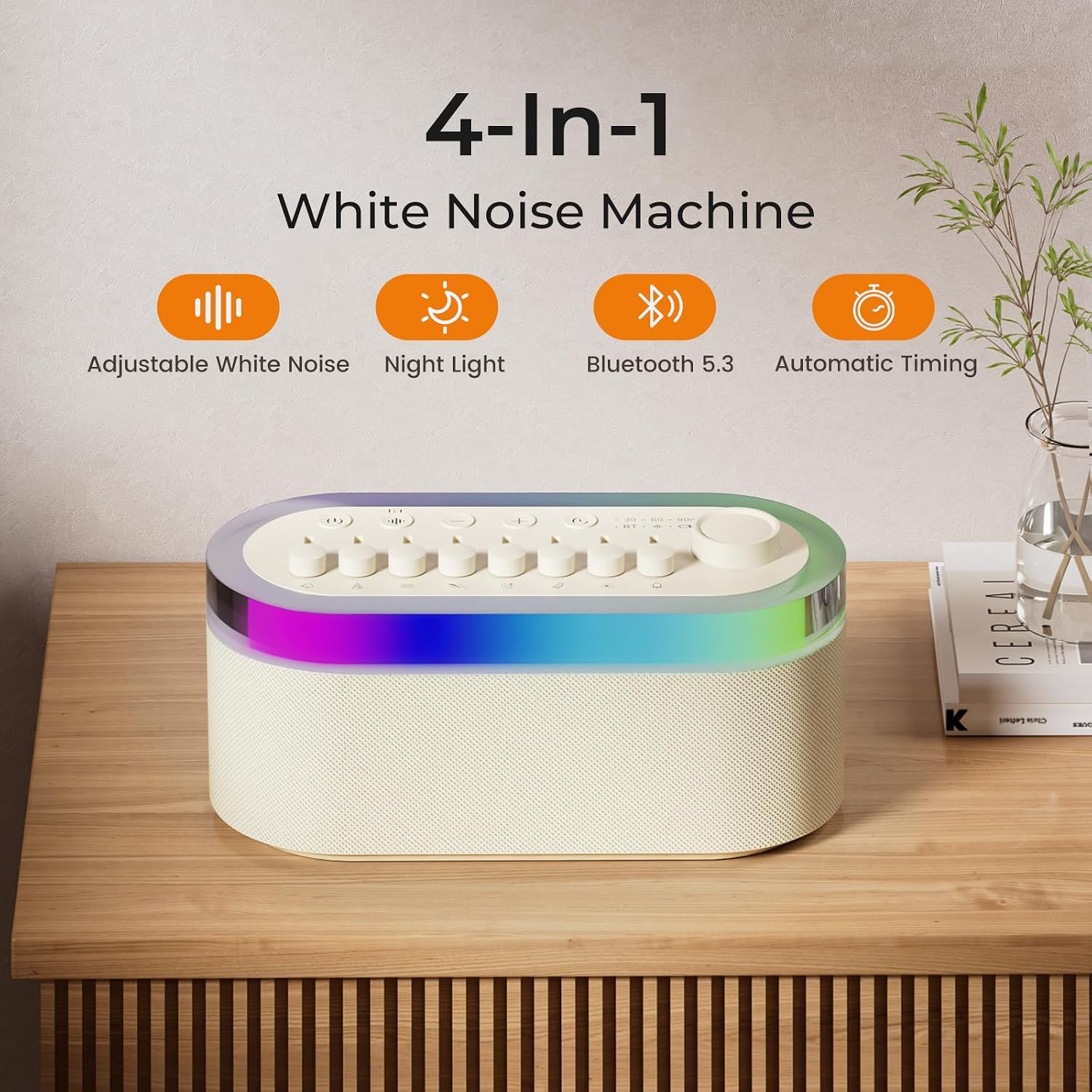 White Noise Sound Machine for Sleep with 256 Mixable Sounds & Bluetooth Speaker,3-in-1 Portable Sound Machine, 9 Color Adjustable Night Light, Automatic Timing & Rechargeable Battery for Adults Kids