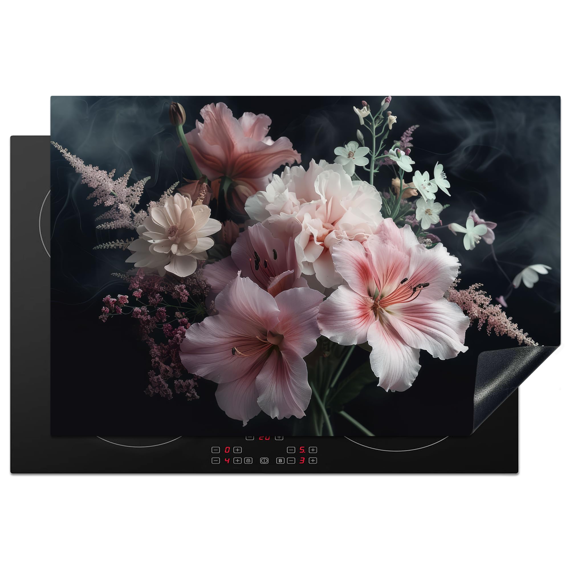 KitchenYeah© Induction Hob Protector Mat 20.5"x30.7" / 78x52 cm Cooker Top Protectors Cover Ceramic Covers Electric Hobs Vinyl Flowers - Pink - Vapour - Plants
