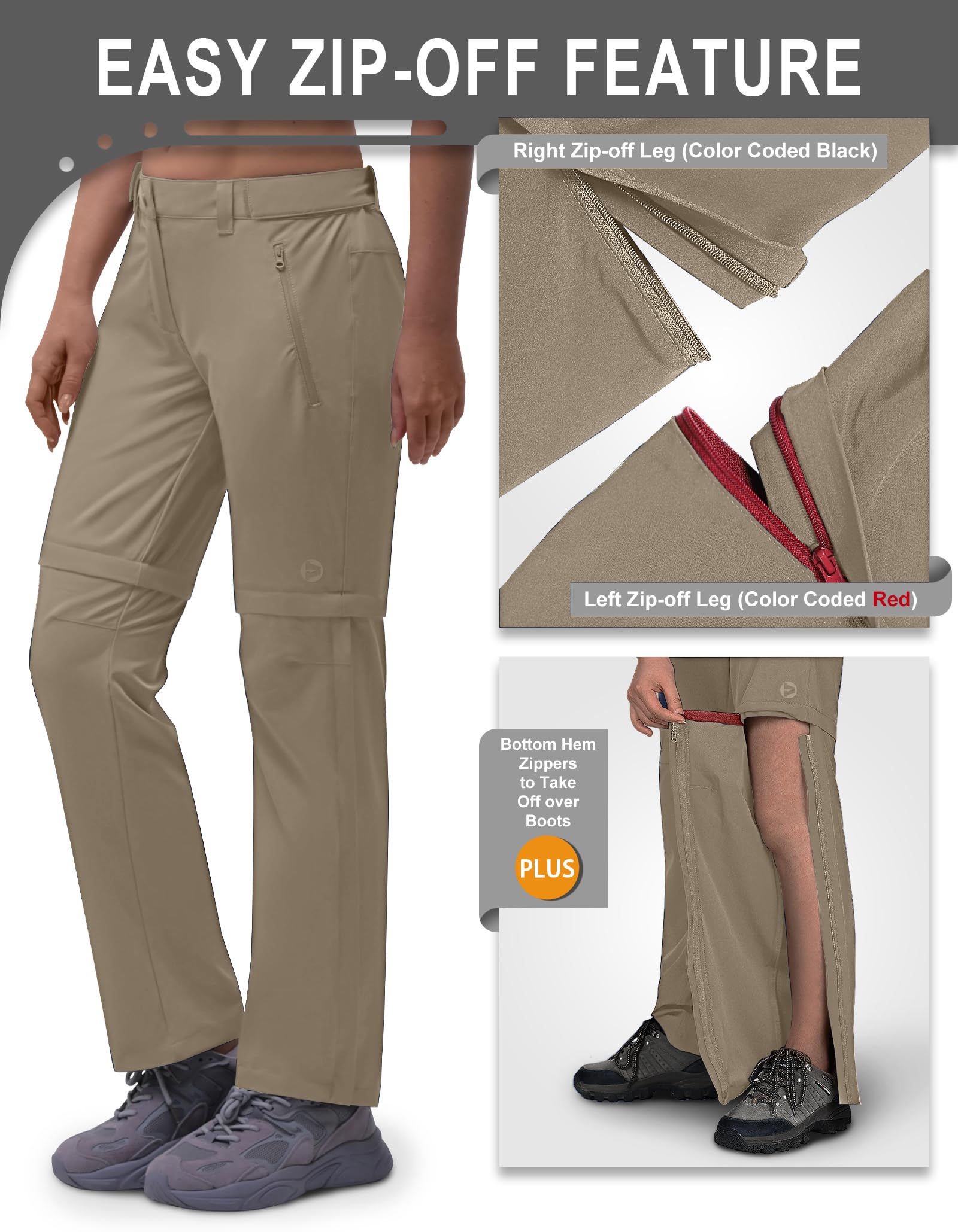 33,000ft Pantaloni da donna con zip off, traspiranti, da trekking, ad asciugatura rapida, elasticizzati, rimovibili, per attività all'aria aperta, estivi, funzionali