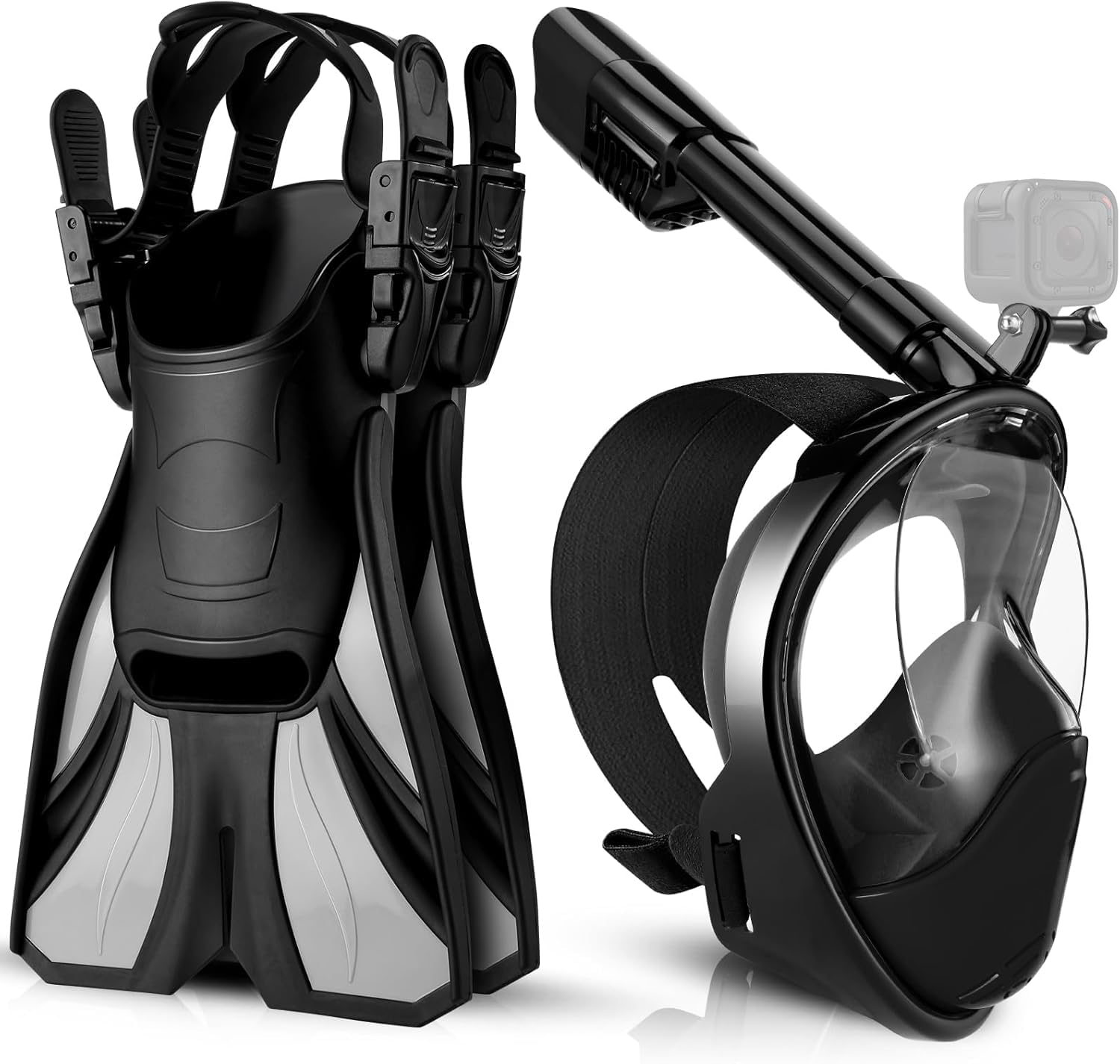 Odoland Snorkeling Packages, Full Face Snorkel Mask for Adults & Youth with Camera Mount, Adjustable Swim Fins, Anti-Fog Anti-Leak Diving Gear for Men