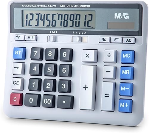 M&G Calculadora de escritorio con pantalla LCD extragrande de 12 dígitos, energía solar dual y batería, calculadora mecánica con botones grandes,
