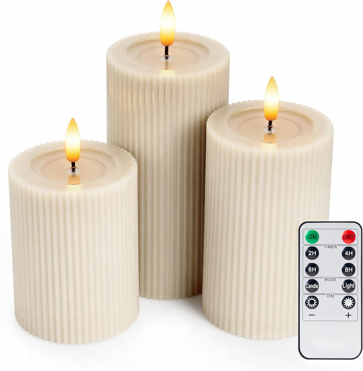 WYZworks Fluted Ribbed LED Pillar Candles, Cream Beige, with Realistic Reflective Melted-Wax Effect – Flickering Flame, Remote, Dimmable, Flameless, Battery Operated, Home & Wedding Decor (Set of 3)