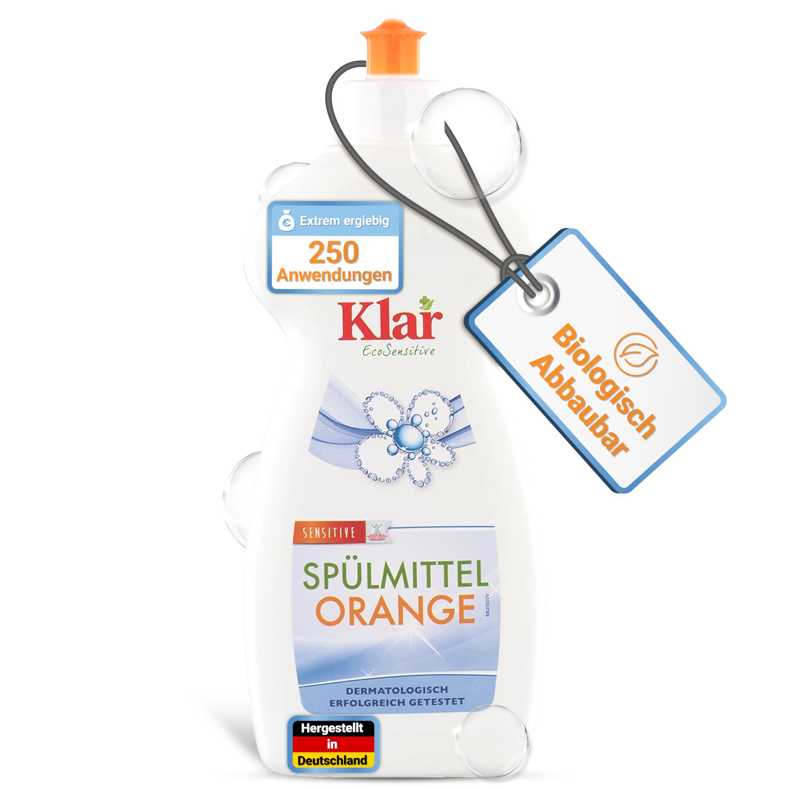Klar Spülmittel 500 ml I Umweltfreundliches Spülmittel-Konzentrat mit zartem Orangen-Duft I Für ein strahlend sauberes Geschirr I Frei von synthetischen Duft- & Farbstoffen I Vegan