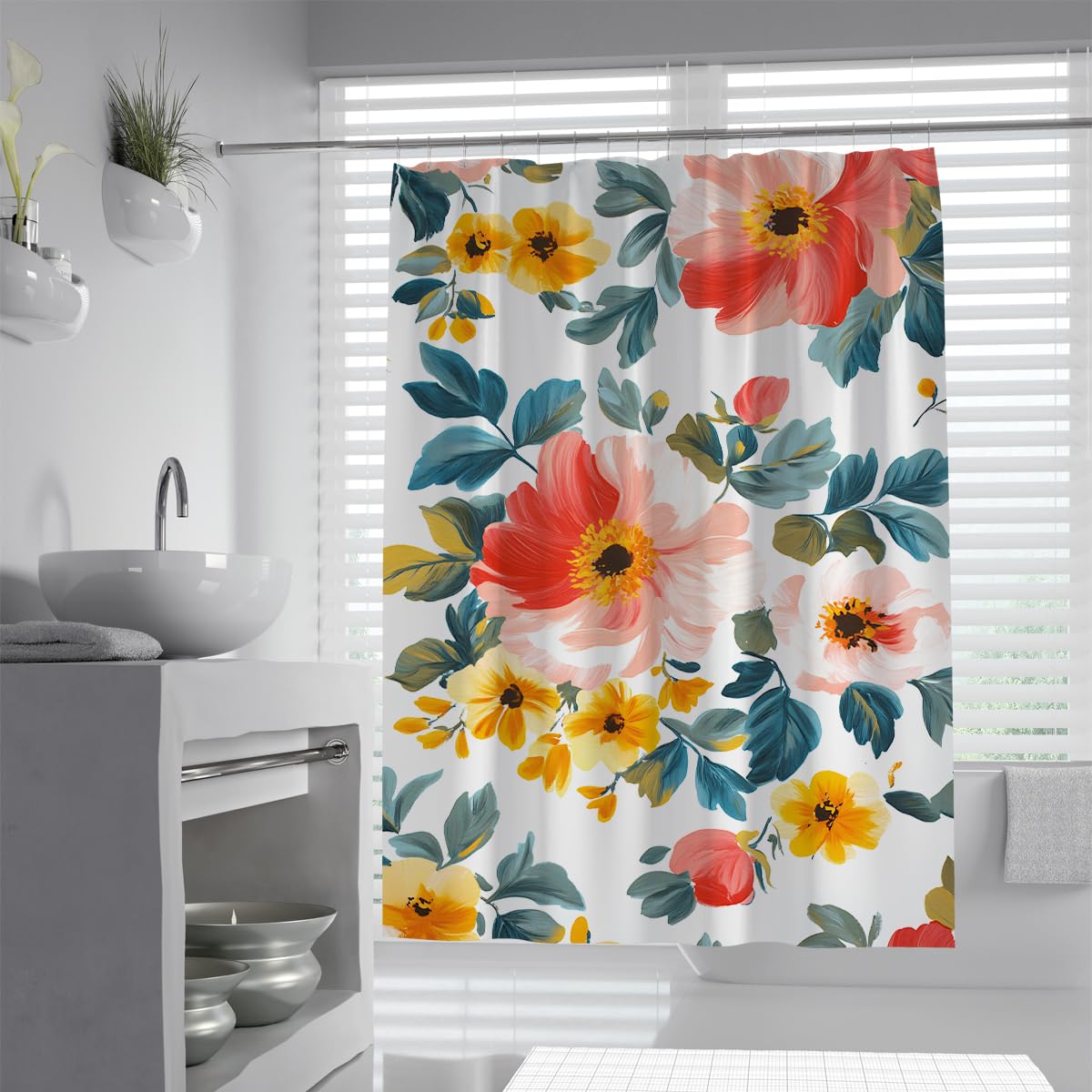 UIRINGART Vintage Garden Floral Shower Curtain W200xL200cm Red Yellow Blossom Pattern Anti Mould Quick Dry Bathroom Curtain For Bath Tub With Hooks