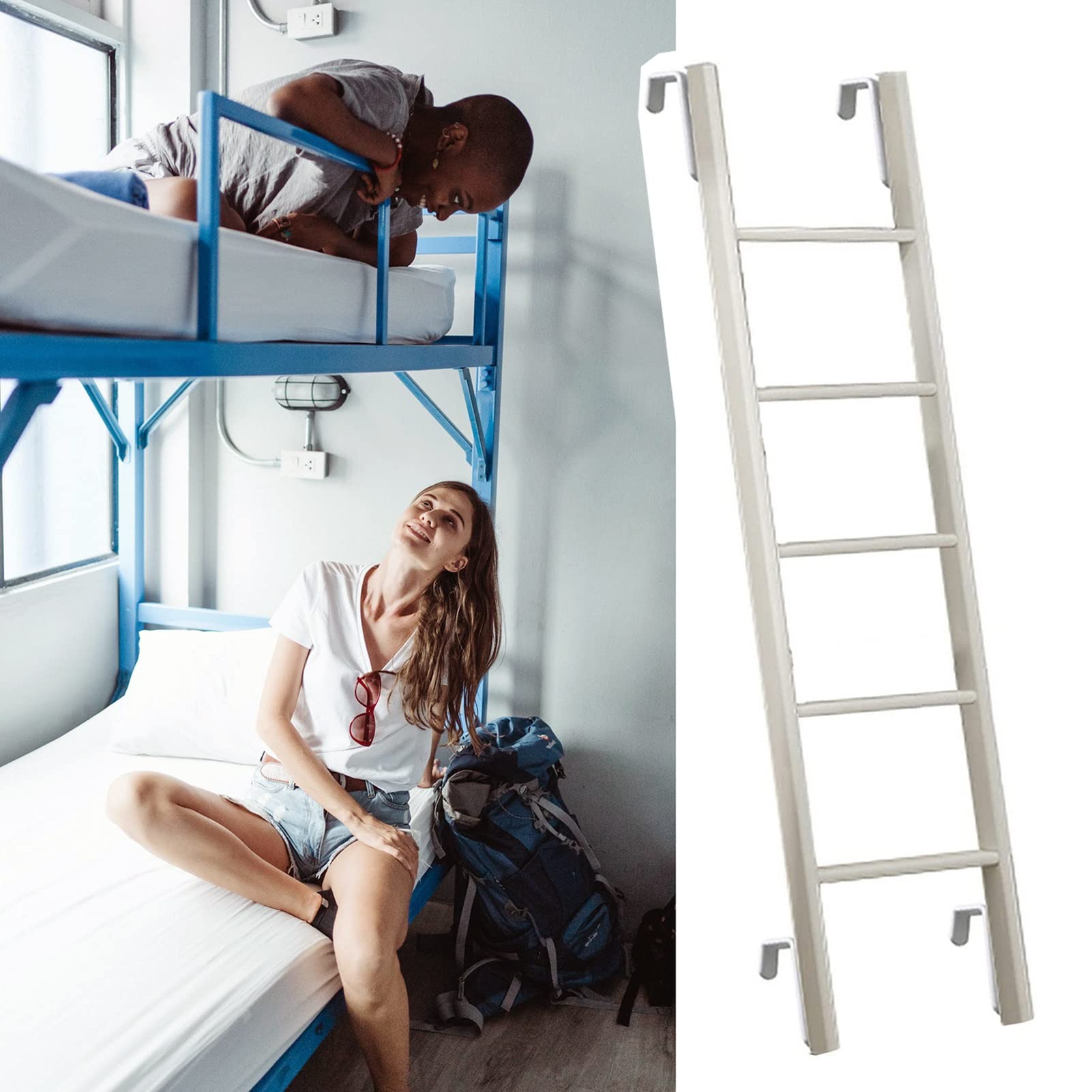 Bettleiter, kurzes Wohnmobil-Etagenbett, weißes Etagenbett mit Haken, für Bauernhof-Schlafsaal, 116/150 cm (Größe: 150 cm/59 Zoll)