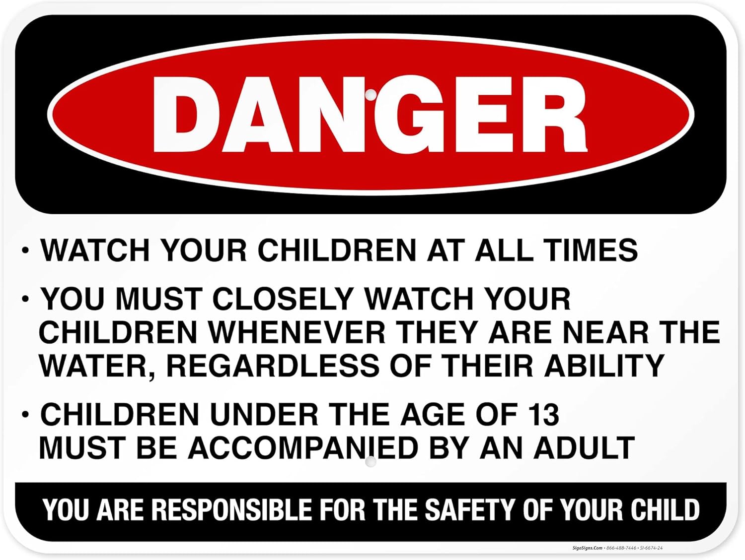 Watch Your Children at All Times You Must Closely Watch Your Children Sign, Pool Sign, 18x24 Inches, Rust Free .063 Aluminum, Fade Resistant, Made in USA by Sigo Signs