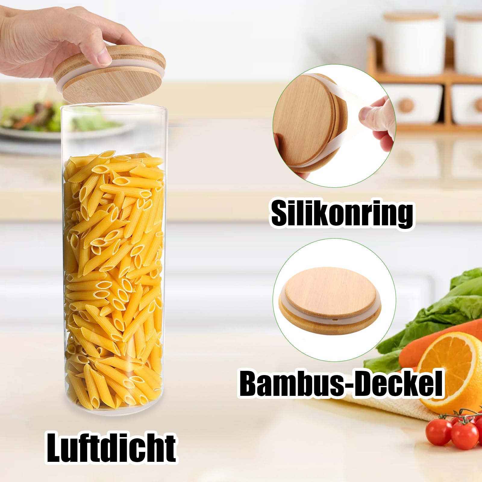 Set di 5 barattoli per alimenti in vetro con coperchio, 2100 ml, 10 cm x 10 cm x 30 cm, stile naturale minimalista, barattolo per spaghetti, pasta, cereali