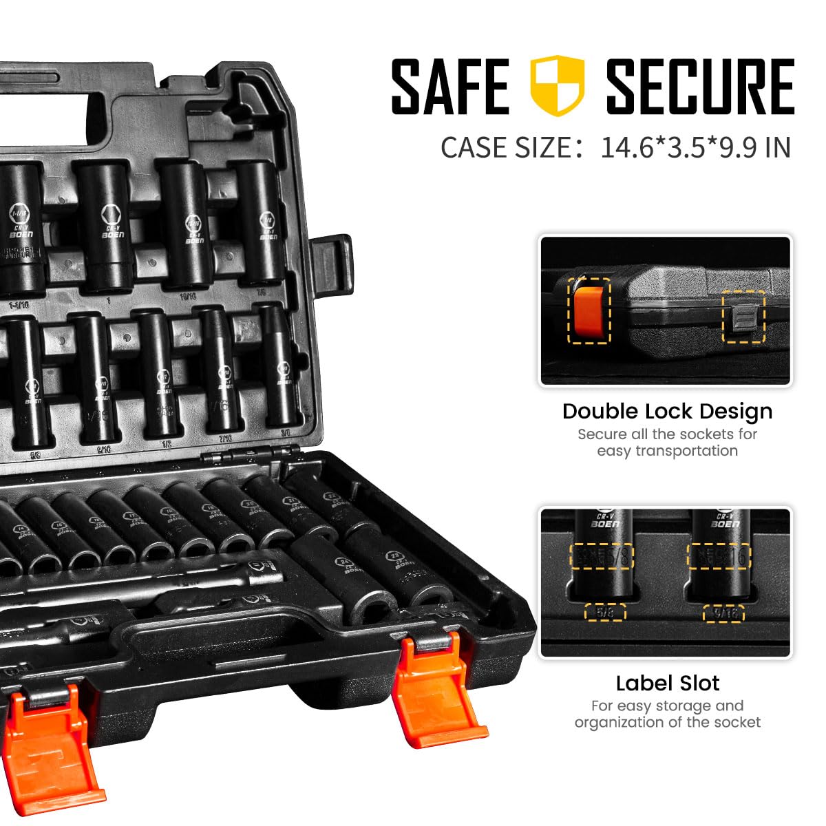 BOEN - Set di 35 pezzi da 1/2" a impatto profondo – SAE 3/8"-1-1/4" e metrico 8-24 mm, estensioni, guarnizione e adattatore, acciaio Cr-V, scatola a doppio blocco