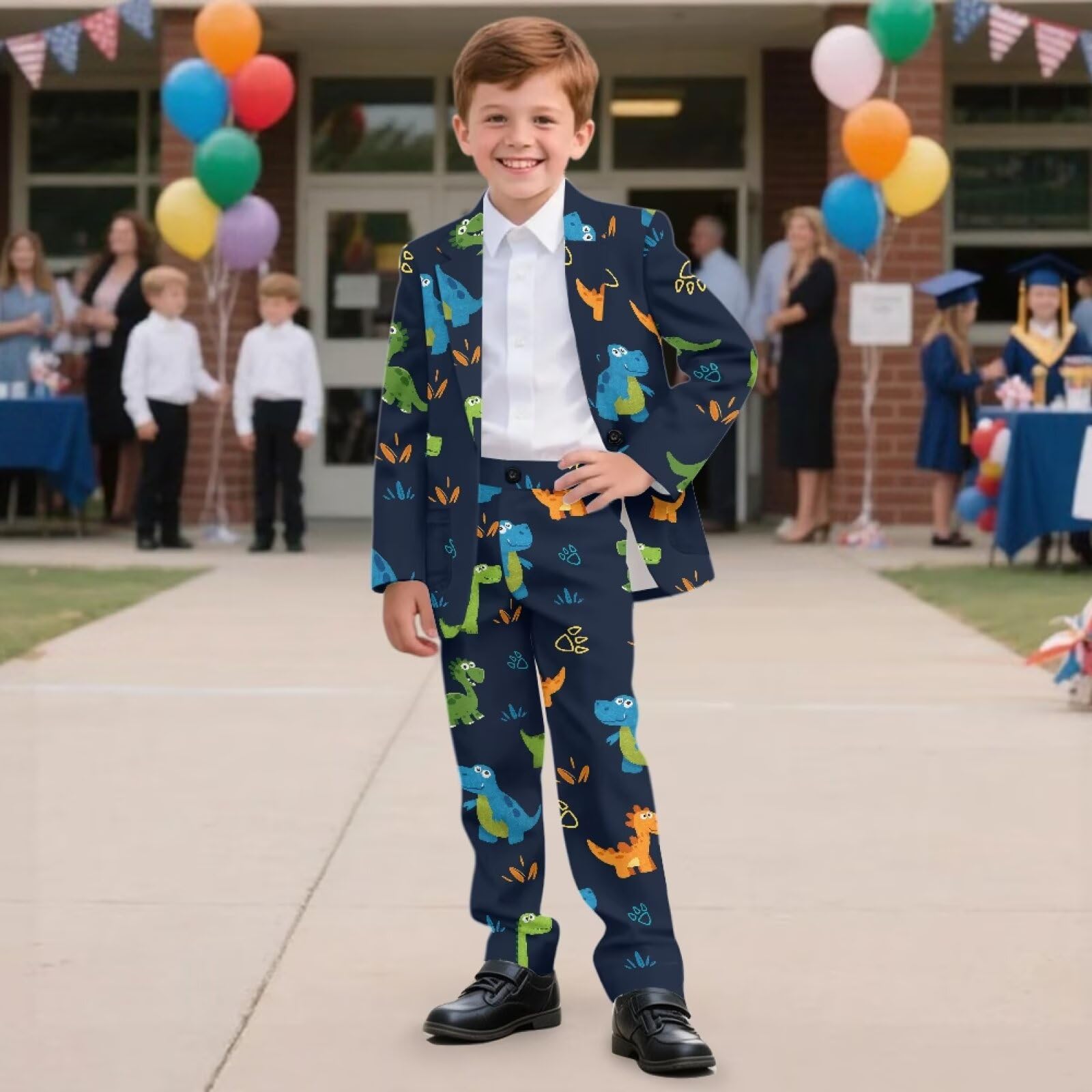 Biyejit 2-teiliges Anzug-Set für Jungen, mit einem Knopf, Blazer und Hose, lässige Smokingjacke, Alter 5–14 Jahre, Dinosaurier, 11-12 Jahre