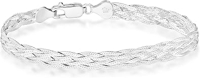 Miabella Italian 925 Sterling Silver, Tri-Color 18K Gold Plated 6-Strand Diamond-Cut 7mm Braided Herringbone Chain Bracelet for Women, Made in Italy