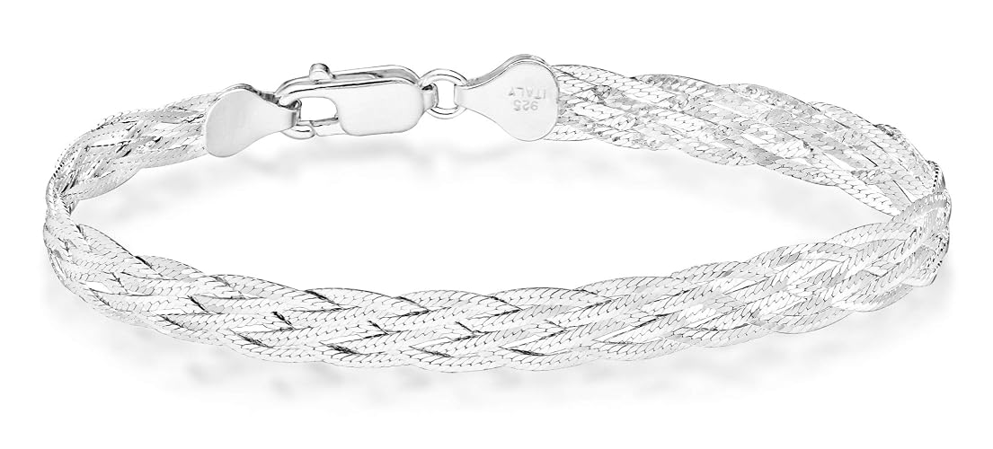 Miabella 925 Sterling Silver Italian 6-Strand Diamond-Cut 7mm Braided Herringbone Chain Bracelet for Women, 925 Italy - Length 6.5 Inch + 0.5 Ext. (X-Small)