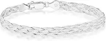 925 Sterling Silver Italian 6-Strand Diamond-Cut 7mm Braided Herringbone Chain Bracelet for Women Teen Girls, 925 Italy