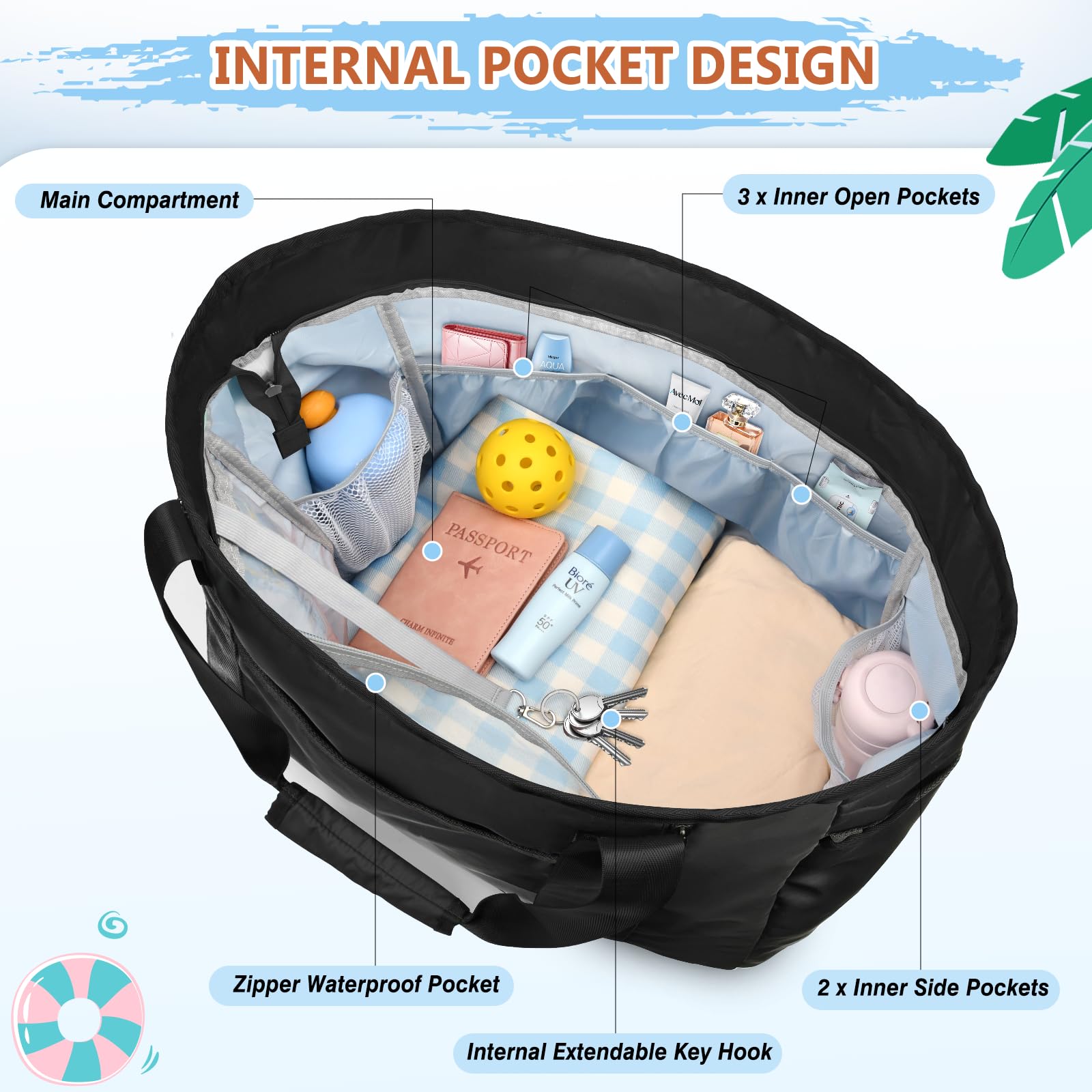 Grand Sac Plage Femme avec Fermeture Éclair XXL Famille 45L Sac de Plage Imperméable Sacs Caba Plage Pliable Beach Tote Bag pour Piscine Gym Vacance