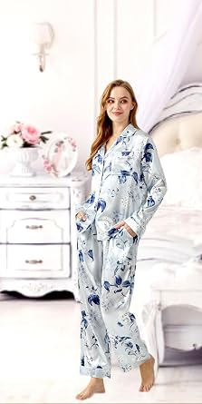 Silk Satin Pajamas Set for Women Button Down 2 Piece Pjs Long Sleeve Oversized Sleepwear with Pockets
