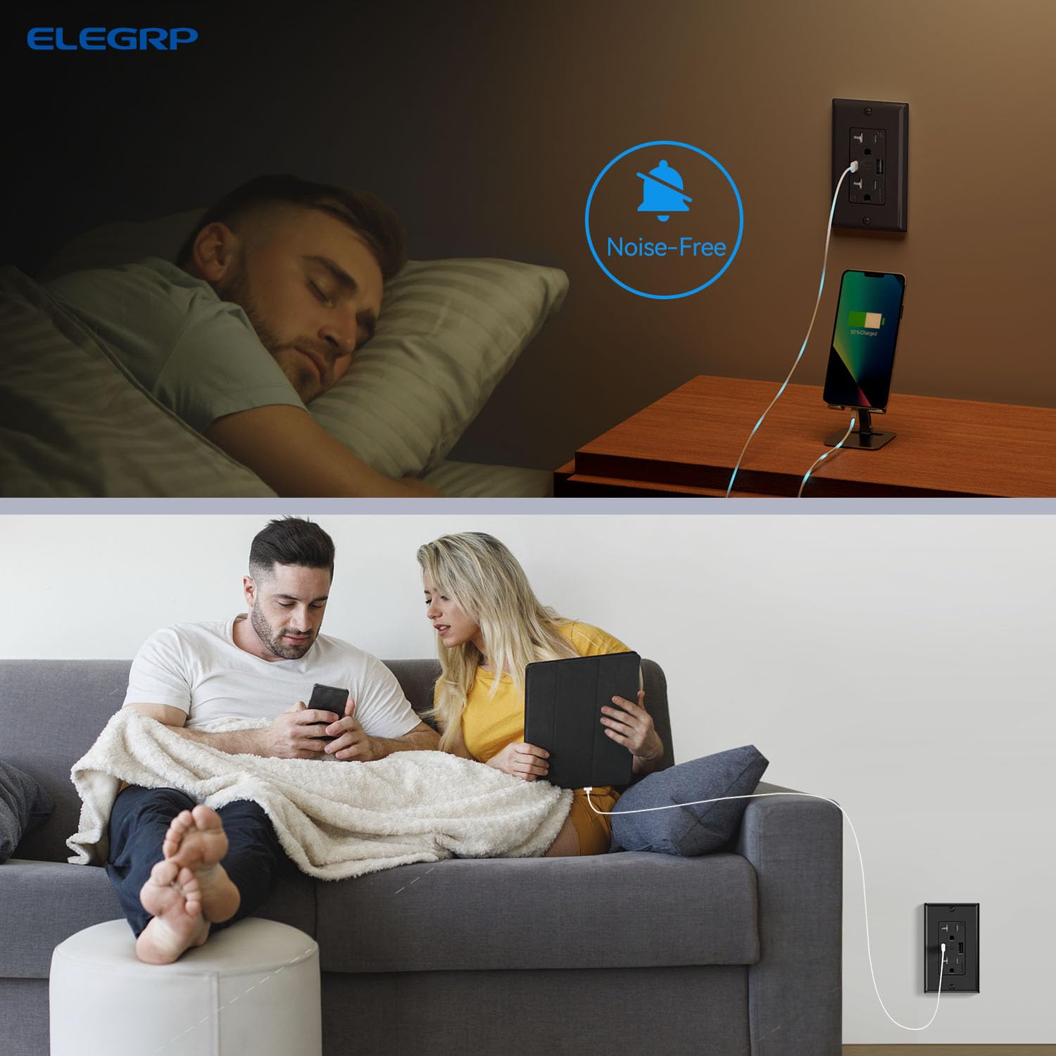 ELEGRP USB Wall Outlets, 20 Amp USB C Wall Outlets Receptacles, Outlets with USB A and USB C Ports, Tamper Resistant Receptacle, Wall Plate Included, UL Listed, 2 Pack, Black