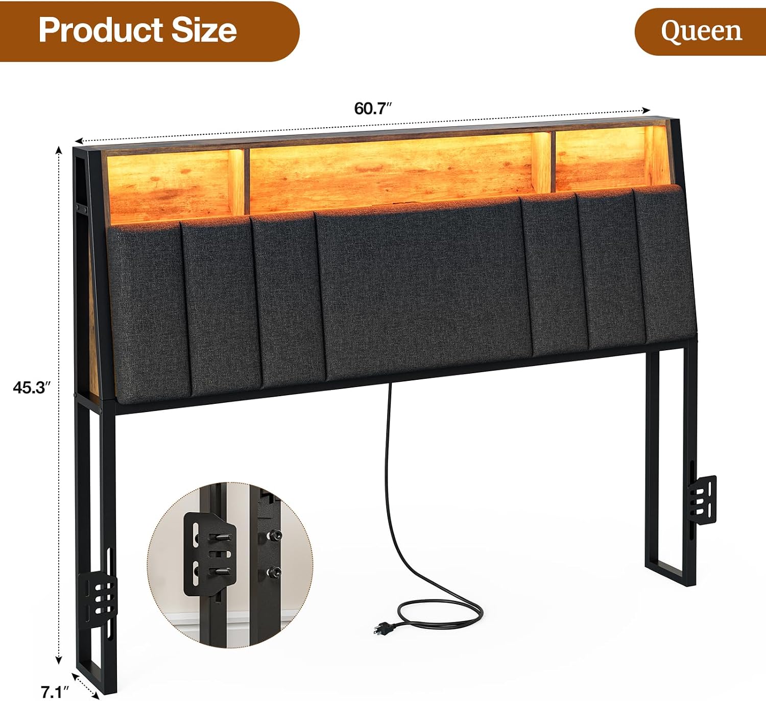 IKIFLY Queen Size Hidden Storage Headboard with LED Lights, Ergonomic Upholstered Queen Headboard Only with Charging Station, 2 Outlets & 2 USB Ports, Easy Assembly, Attach Frame, Dark Grey