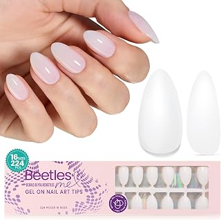 Beetles Press On Nails Short Almond - 4 in 1 Matte Milky White Soft Gel Nail Tips 224PCS Pre-Applied Tip Primer Nails Press ons 16 Sizes Glue on Nails-Perfect for Girls&Women