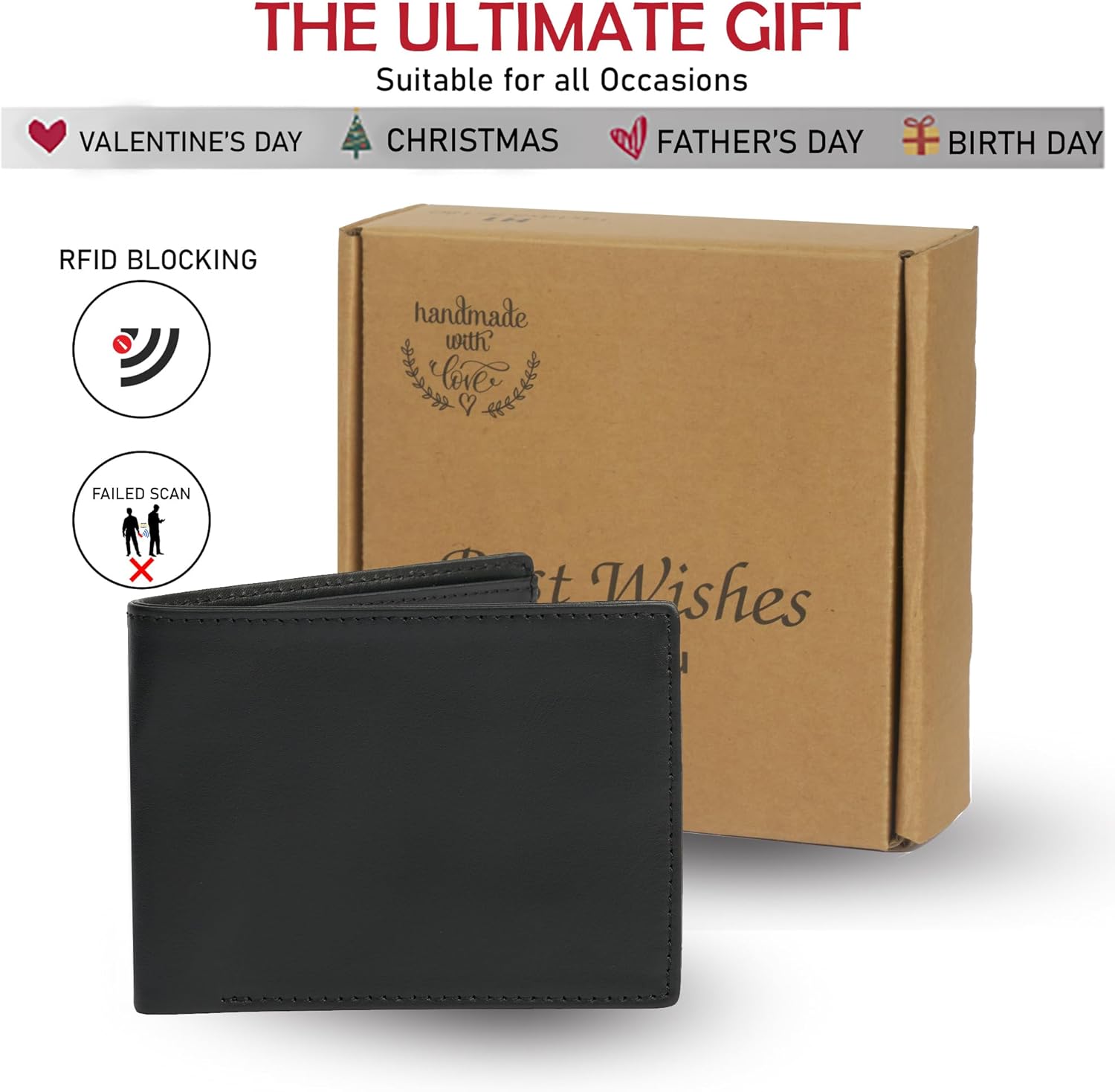 Black Cowhide Leather Bifold Holder Wallet RFID Blocking Slim Front Pocket Small Wallet Easy Access Ladder Card Slots Luxury With 06 Credit Cards Flip-out ID Window Classic Handmade Gift For Men