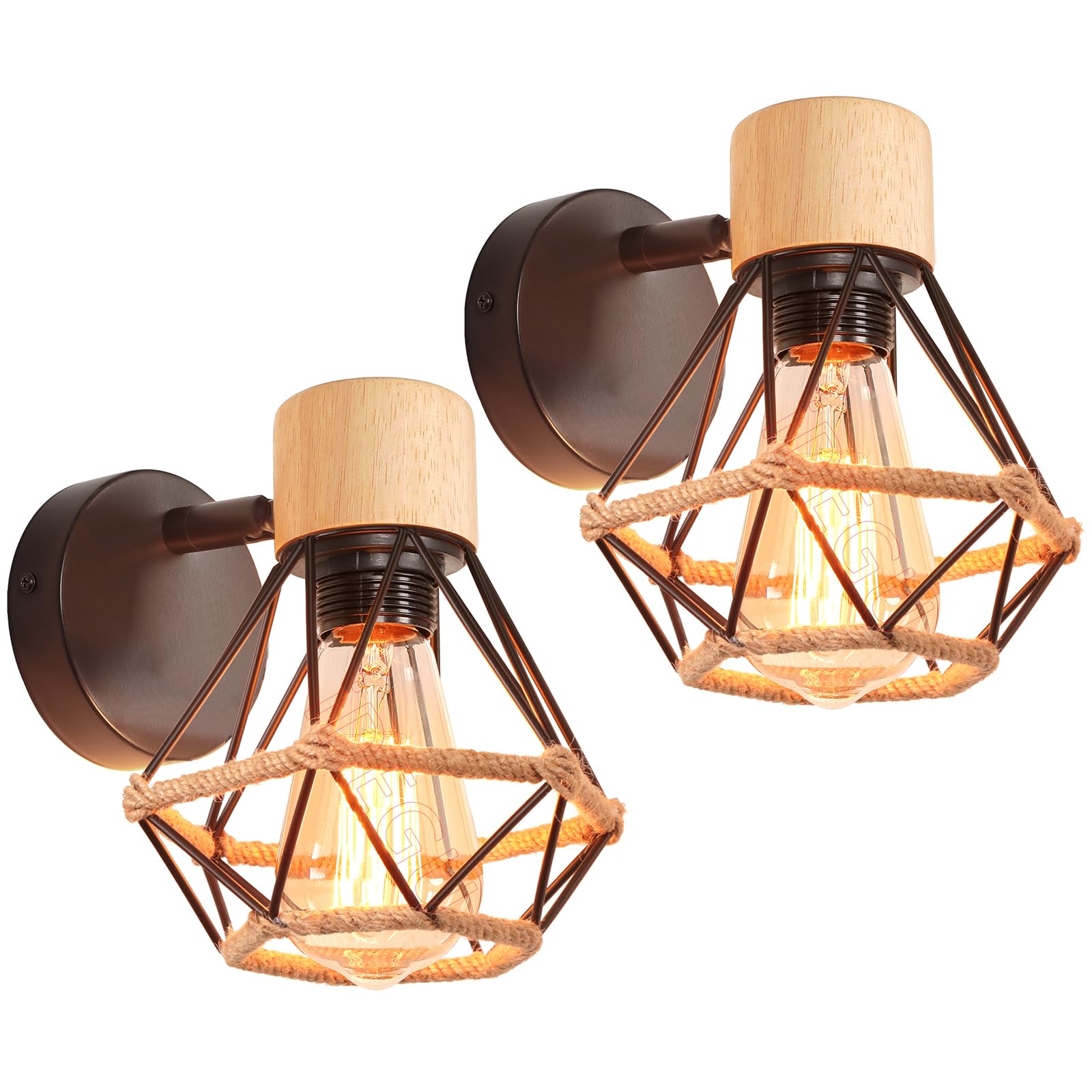 iDEGU 2 Piezas Lámparas de Pared Vintage 16CM Aplique Pared Interior de Madera Metal Industrial Diseño Jaula con Cuerda de Cáñamo Ajustable Iluminación E27 Negro para Salón Dormitorio Pasillo Cocina