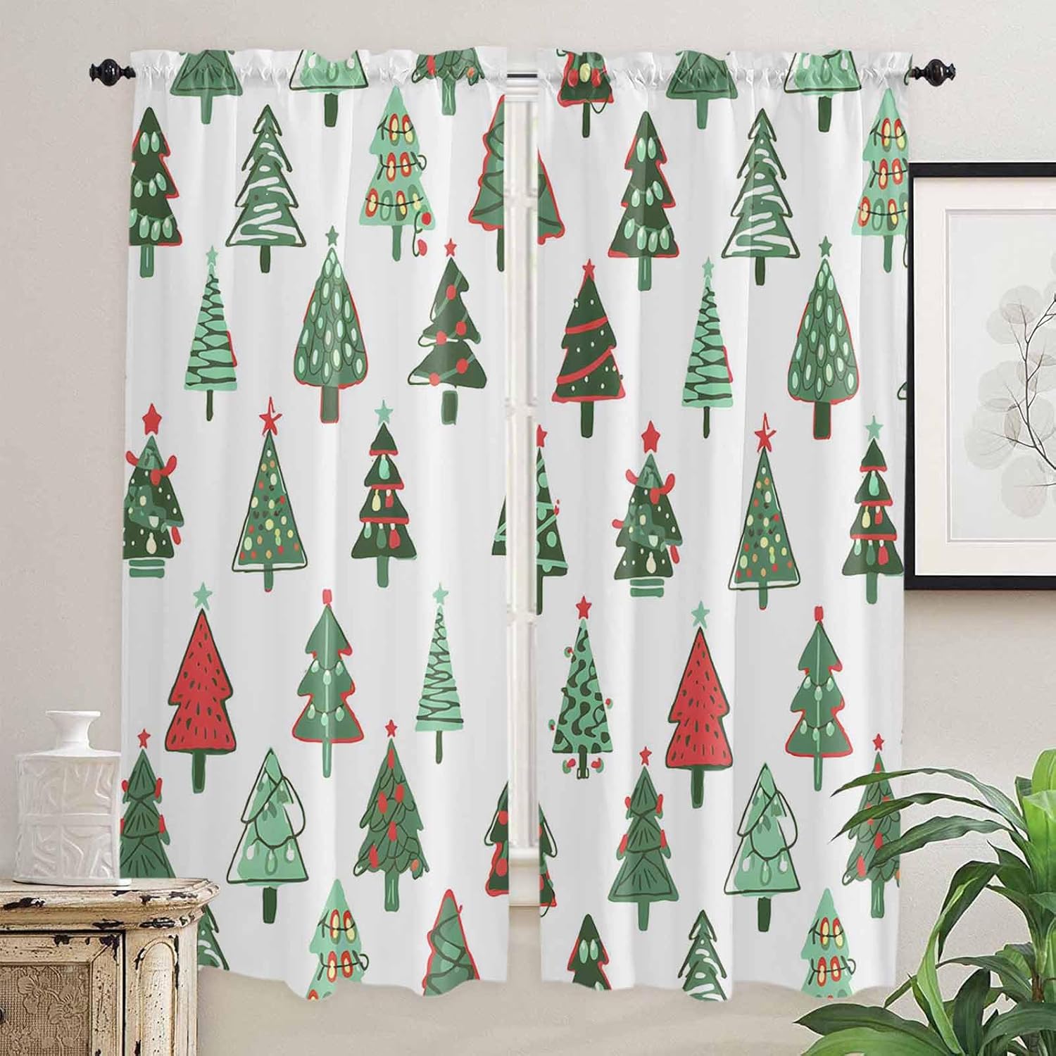 Christmas Window Curtains 72 Inch Long 2 Panel Set, Rod Pocket Long Curtains & Drapes, Winter Xmas Trees Country Farmhouse Rustic Light Filtering Window Treatment for Bedroom Living Room 52"W x 72"L