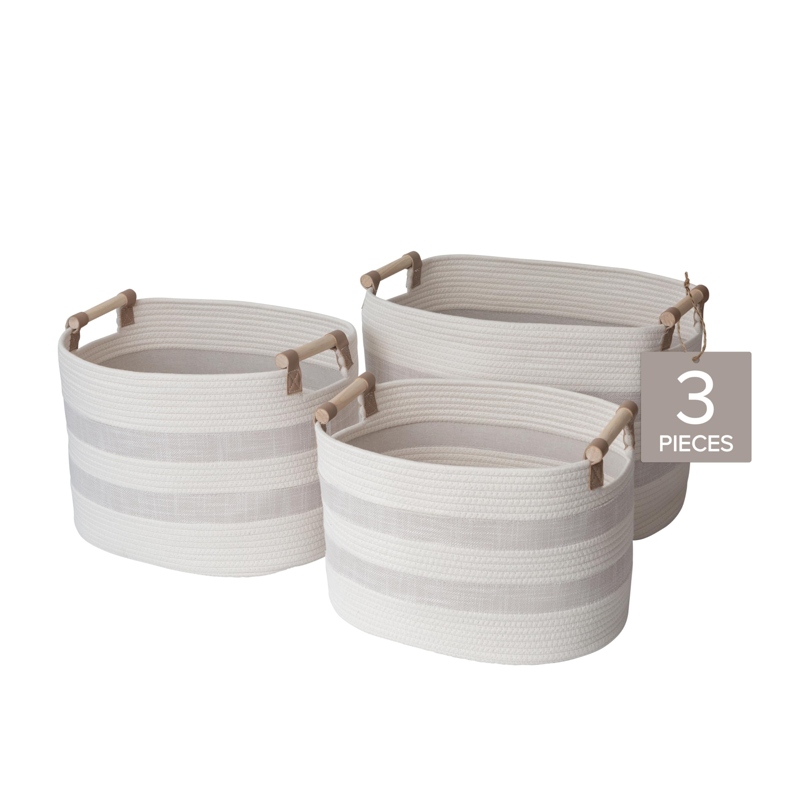 Textured Linen and Fabric Rope Storage Baskets – Set of 3 Oval Decorative Woven Bins for Versatile Home Organization, Multi-Sized with Easy-Carry Handles, Cream with Ivory Trim