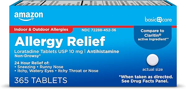 Amazon Basic Care Allergy Relief Loratadine Tablets 10 mg, White, 365 Count (Packaging may vary)