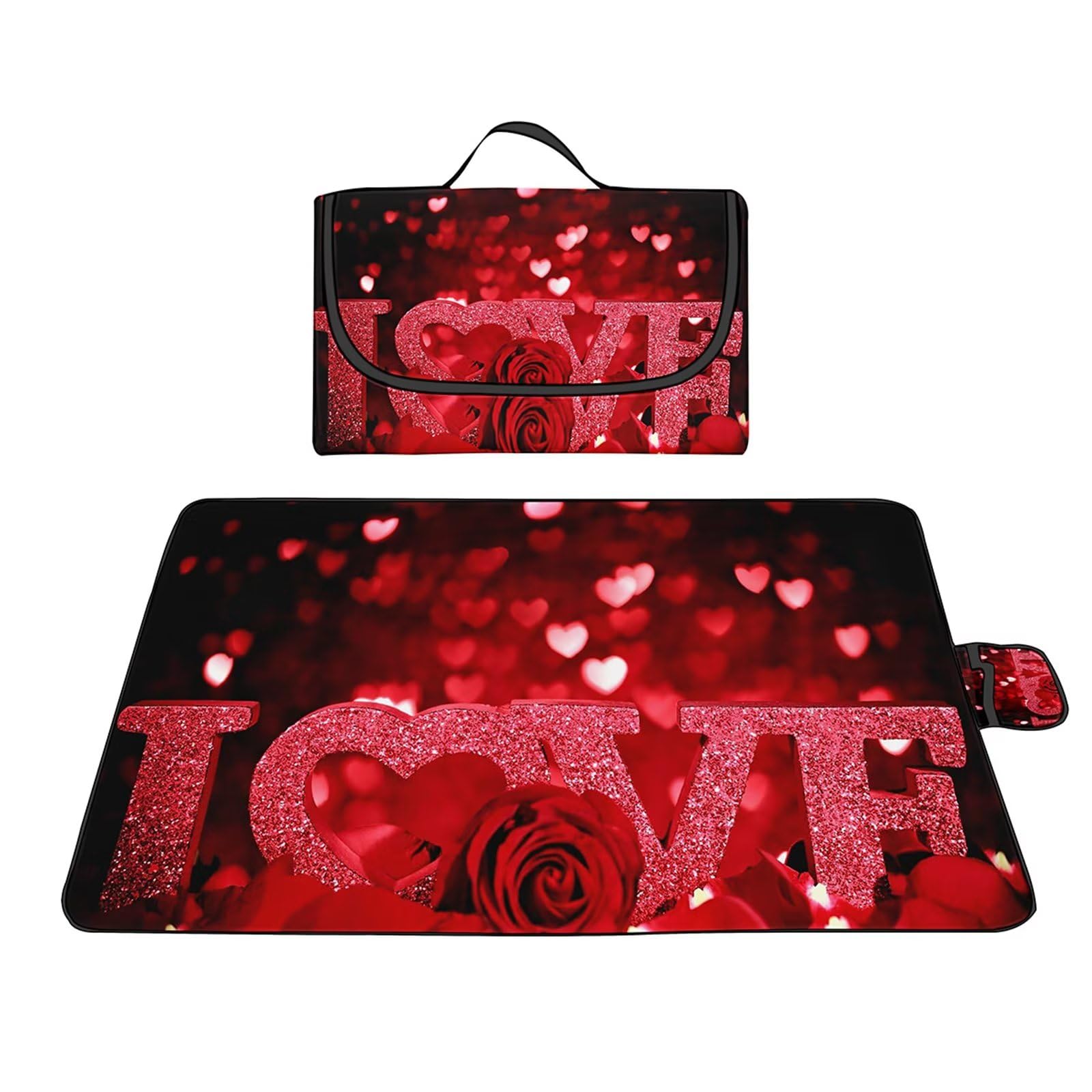 Couverture Pique-nique Imperméable 200x200cm,Couverture Plage Extérieure XXL Tapis de Plage,Rose rouge Amour Camping Couverture étanche Pique-nique avec Poignée pour Camping Randonnée Parc Plage