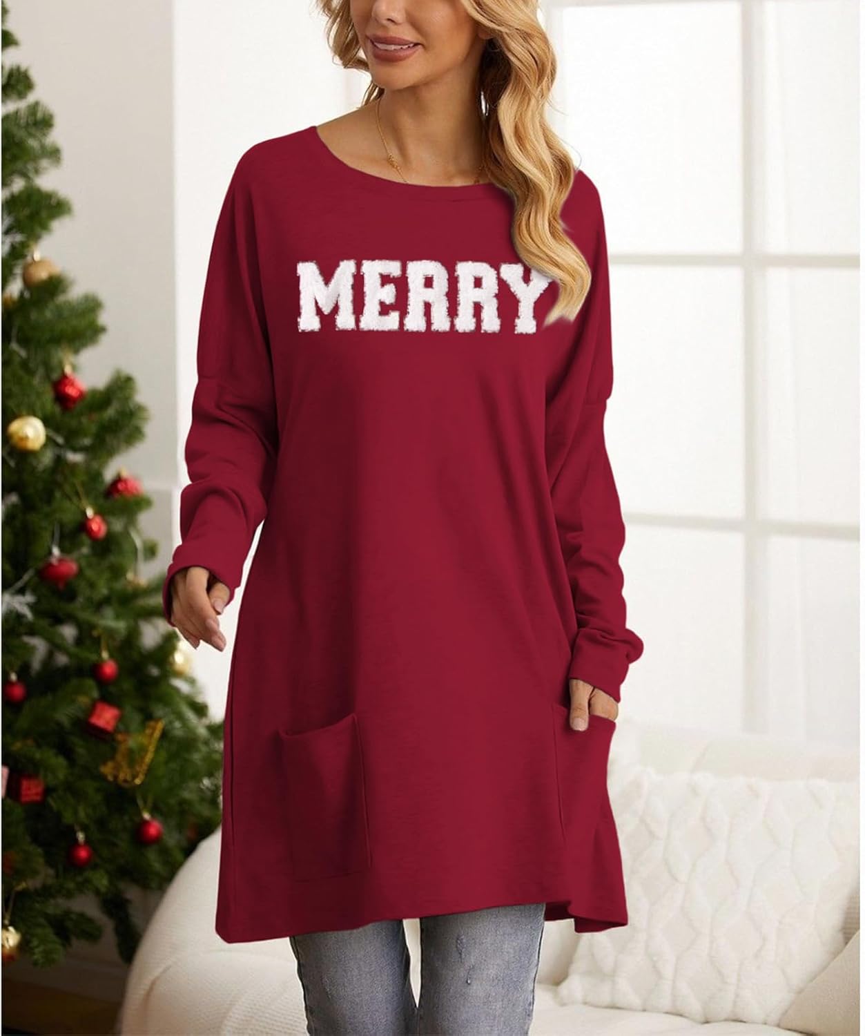CM C&M WODRO Women Merry Christmas Shirts Long Sleeve Glitter Patch Tunic Top Xmas Pullover Blouse Holiday Outfit with Pocket - Image 4