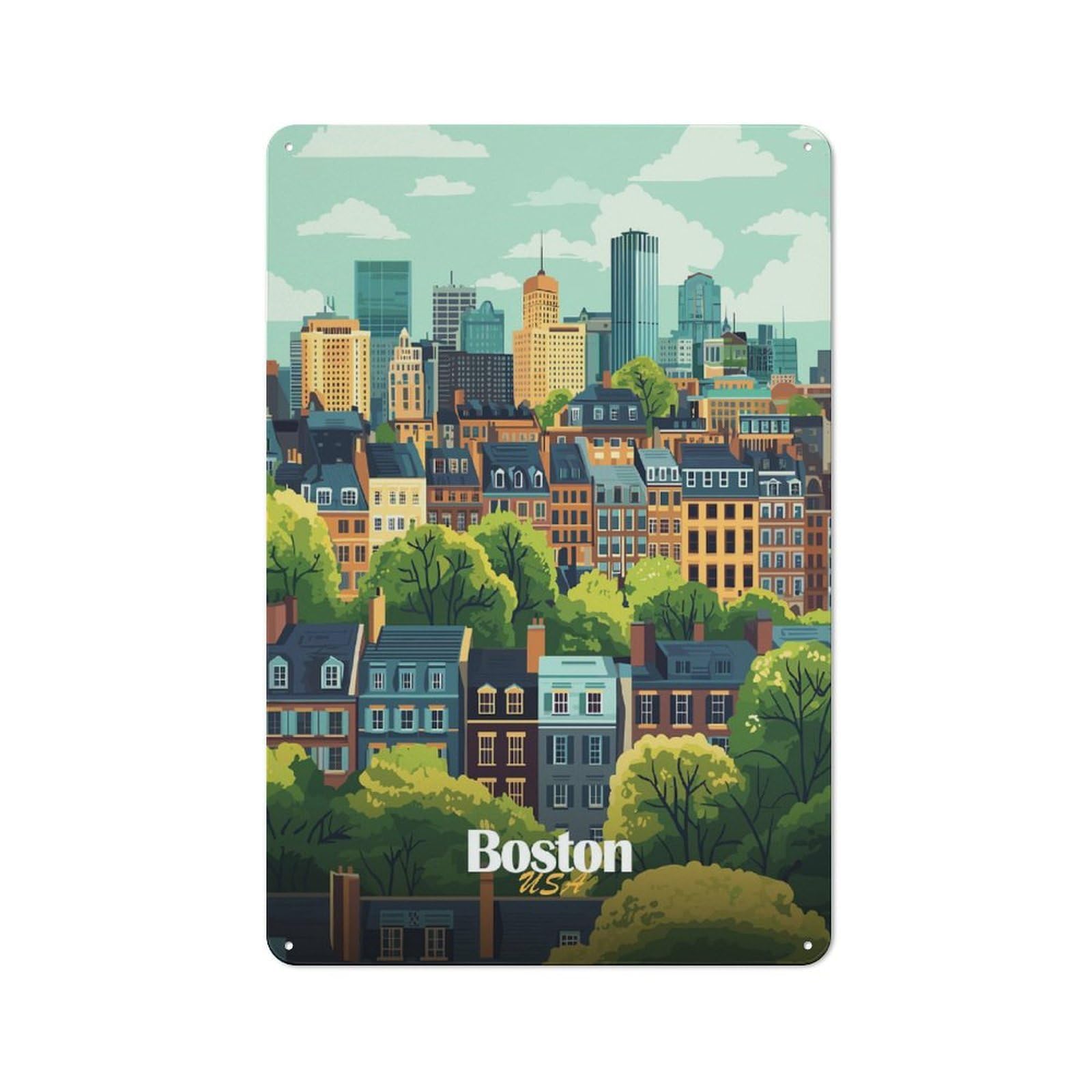 Junmoney Style Retro Tin Sign 30X20cm Featuring Boston Skyline Illustration For Workshop Wall, Gift For Makers And Diy Enthusiasts During The Christmas Season